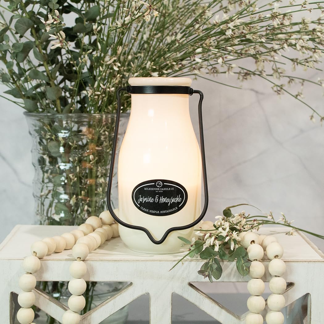 Milkhouse Candle Company Jasmine & Honeysuckle Soy Candle - Honeysuckle | White Jasmine | Citron & Greens Scented - 14 oz Milkbottle with Lid, 90+ Hour Burn Time, Made in the USA