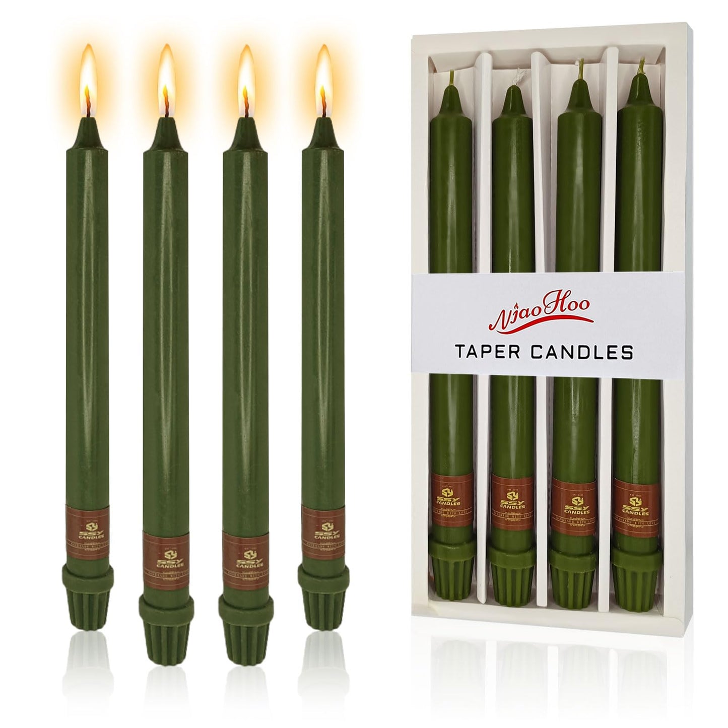 NJAO HOO Olive Green Taper Candle 10 Inch Christmas Candlesticks Unscented Dripless Handmade Candles for Home Decor Dinner New Year Party, 4 Pack