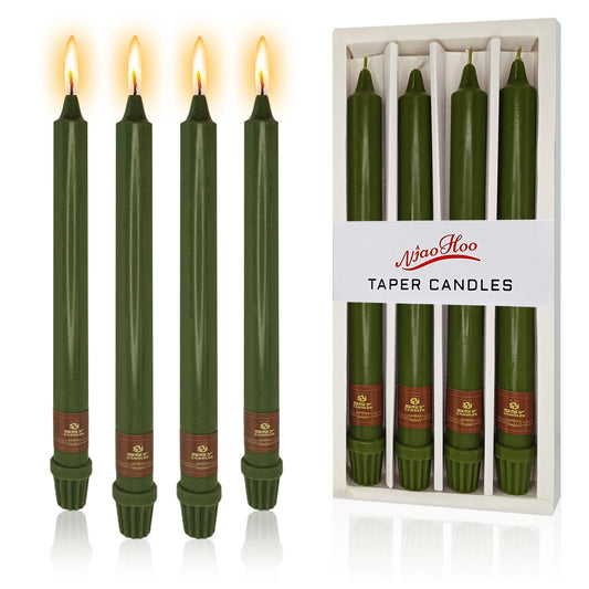 NJAO HOO Olive Green Taper Candle 10 Inch Christmas Candlesticks Unscented Dripless Handmade Candles for Home Decor Dinner New Year Party, 4 Pack