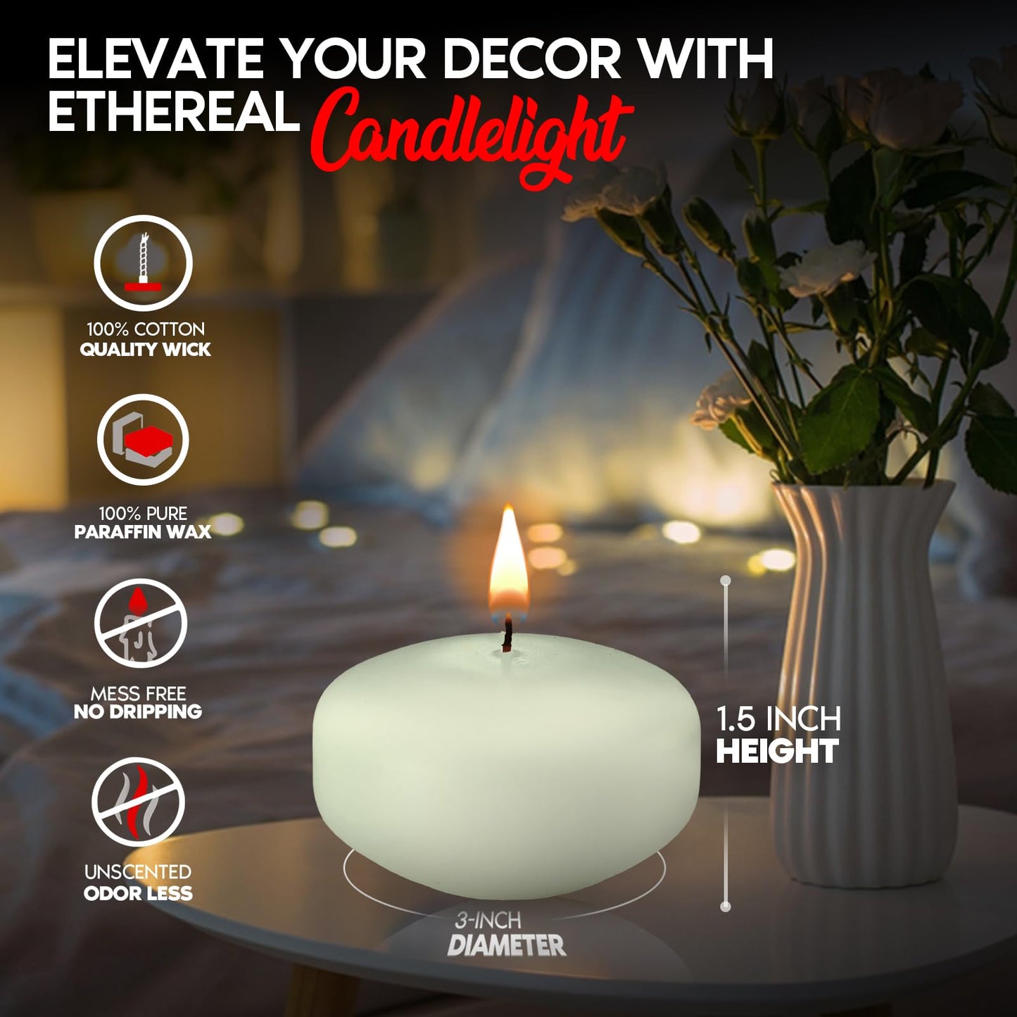 Candle Charisma Ivory Floating Candles 3 Inch (Set of 12) – 8-Hour Dripless, Smokeless Burn with Natural Flickering Flame – Perfect for Weddings, Centerpieces, Pool Nights & Special Events