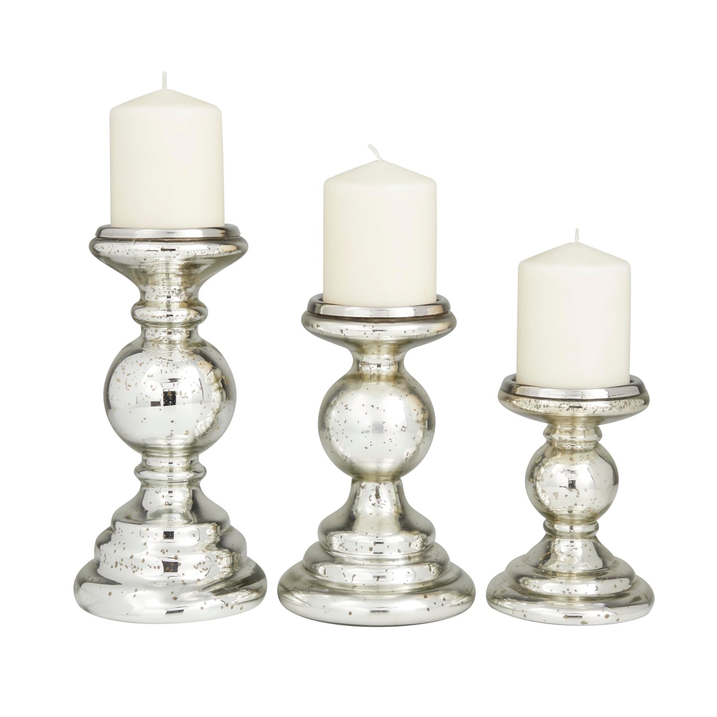 Deco 79 Glass Decorative Candle Holder Turned Style Pillar Candle Stand, Set of 3 Candlestick Holder 10", 8", 6"H, Silver