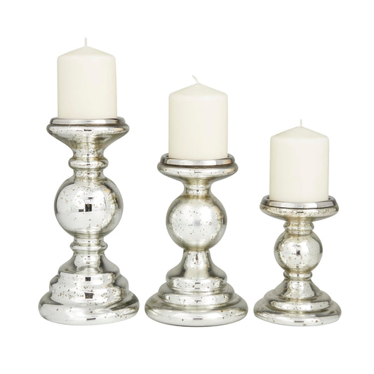 Deco 79 Glass Decorative Candle Holder Turned Style Pillar Candle Stand, Set of 3 Candlestick Holder 10", 8", 6"H, Silver