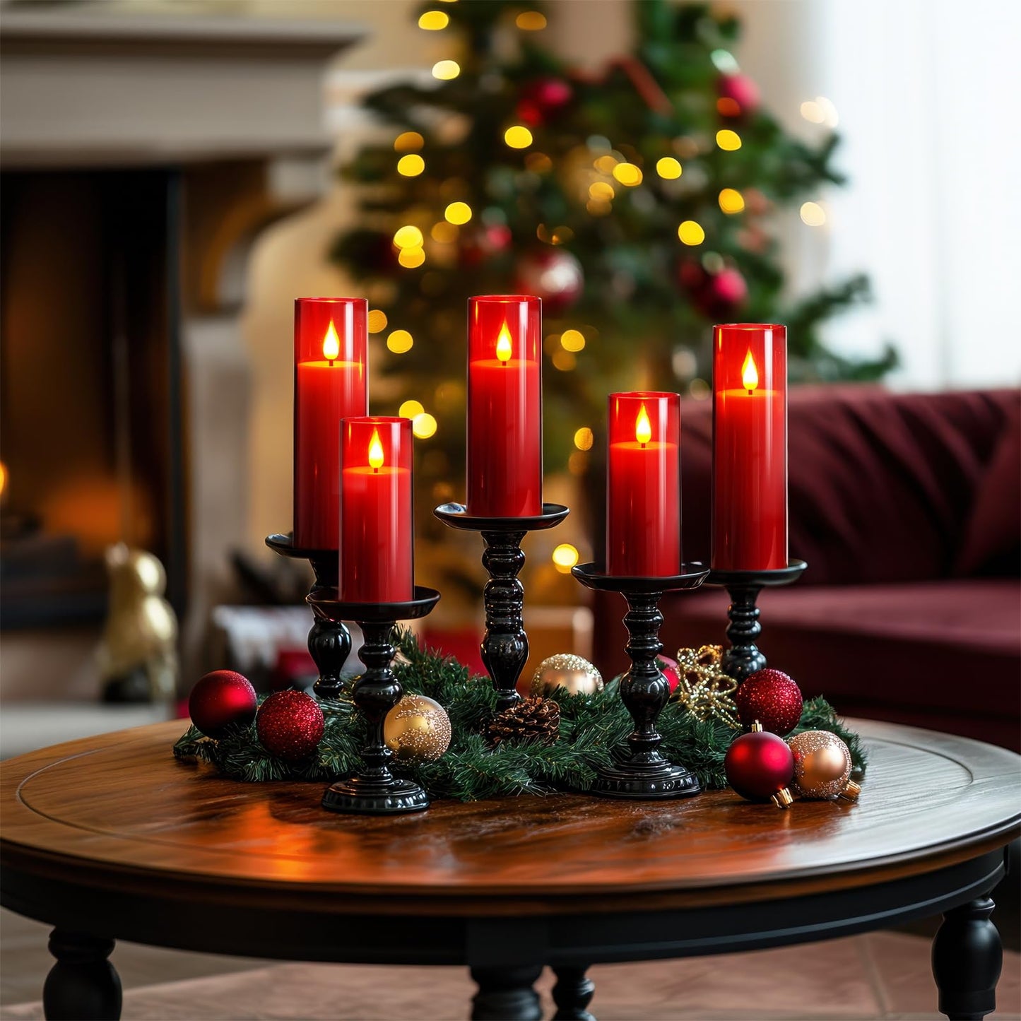 Amagic Christmas Red Flameless Candles, Battery Operated Candles with Remote and Timer, Acrylic Flickering LED Candles for Thanksgiving Decor, D2.2''xH5''6" 7", Set of 9
