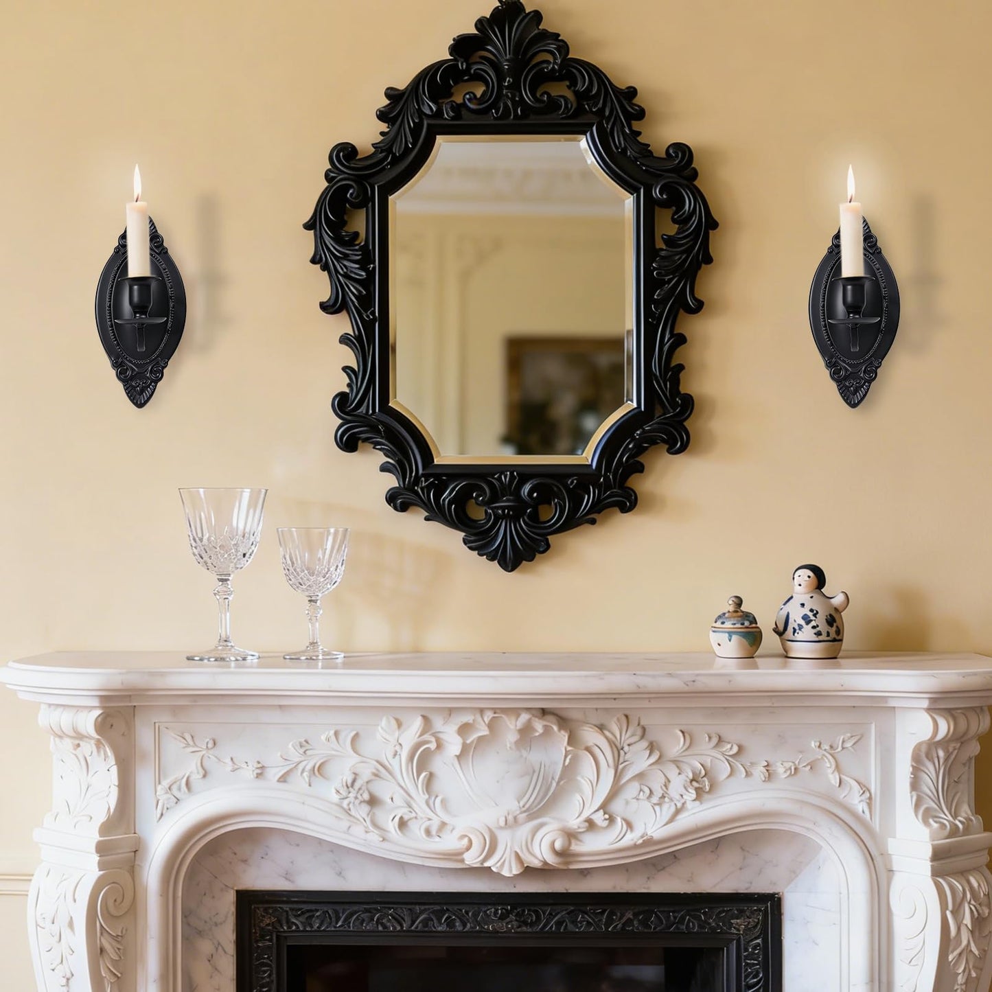 Vrnikhub Black Candle Sconces Set of Two, Victorian Decor Royal Wall Sconce, Metal Rustic Candle Holder Baroque Home Wall Decor for Living Room, Dining Room, Bedroom, Fireplace, Hallway, Window