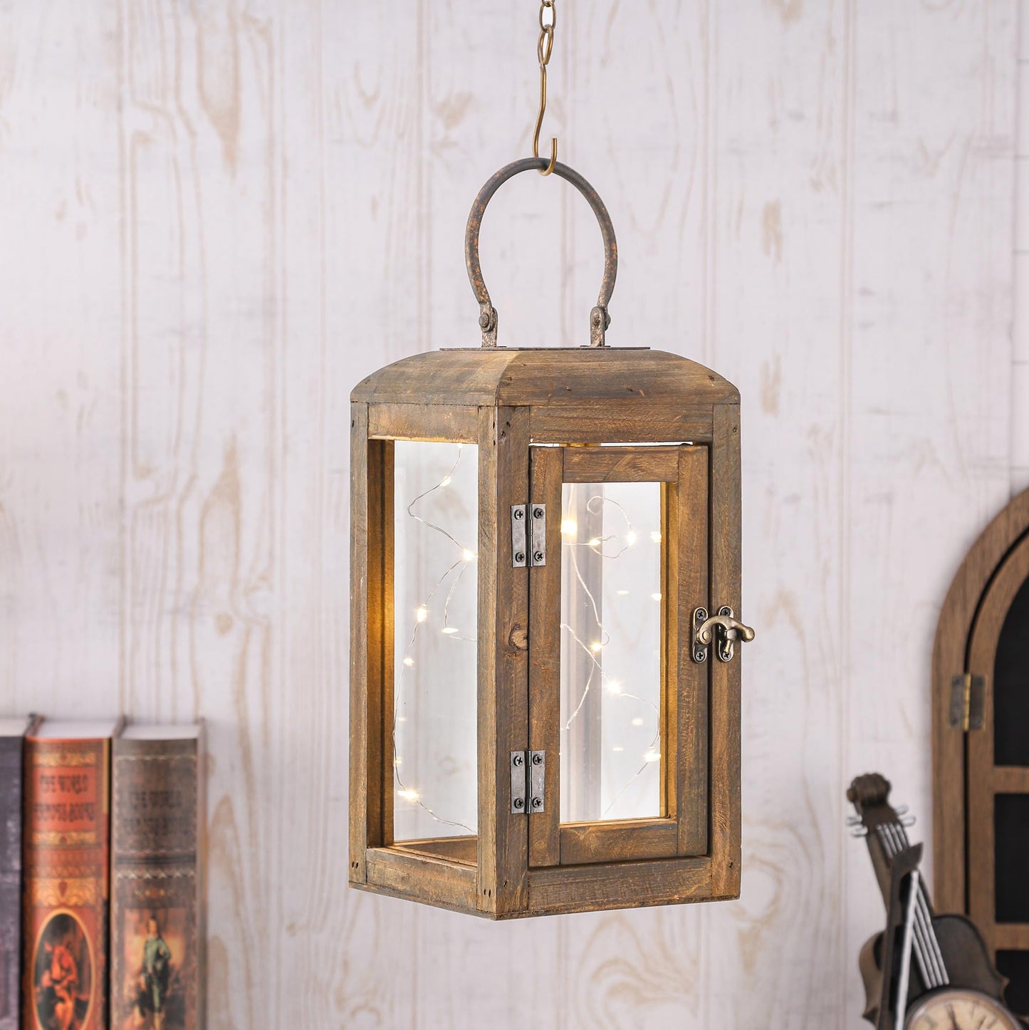 11" High Wooden Lantern Made of Solid Firwood in Handpainted Mediterranean Brown with Metal Handle,Hurricane Lantern, Farmhouse Lantern for Party, Deck, Front Porch (1, Brown, Small)