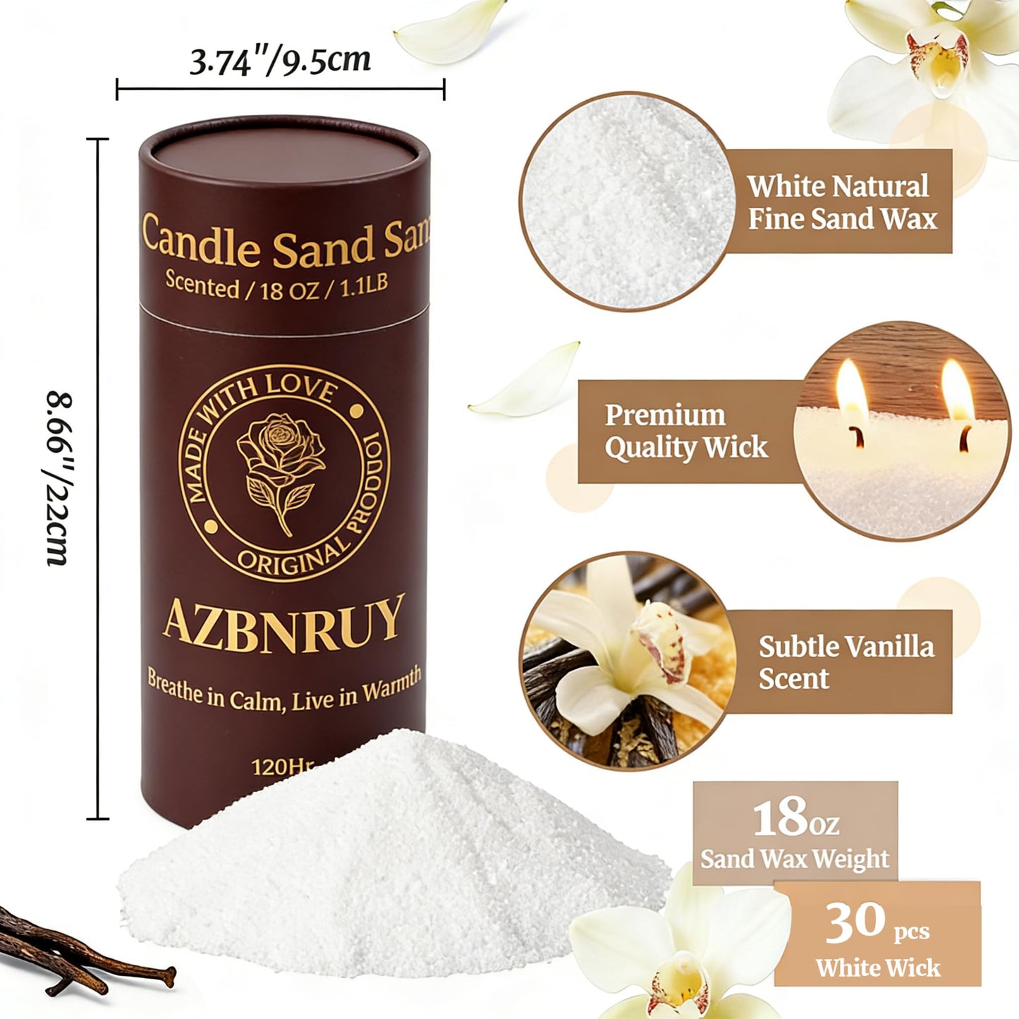 Pearled Candles Sand and 30 Wicks 18 Oz - Refillable Vanilla Scented Pearled Candle Non Toxic Luxury Long Lasting up to 120 Hours-Natural Pearl Powder Wax Sand Candle Beads Kit for DIY Candles Making