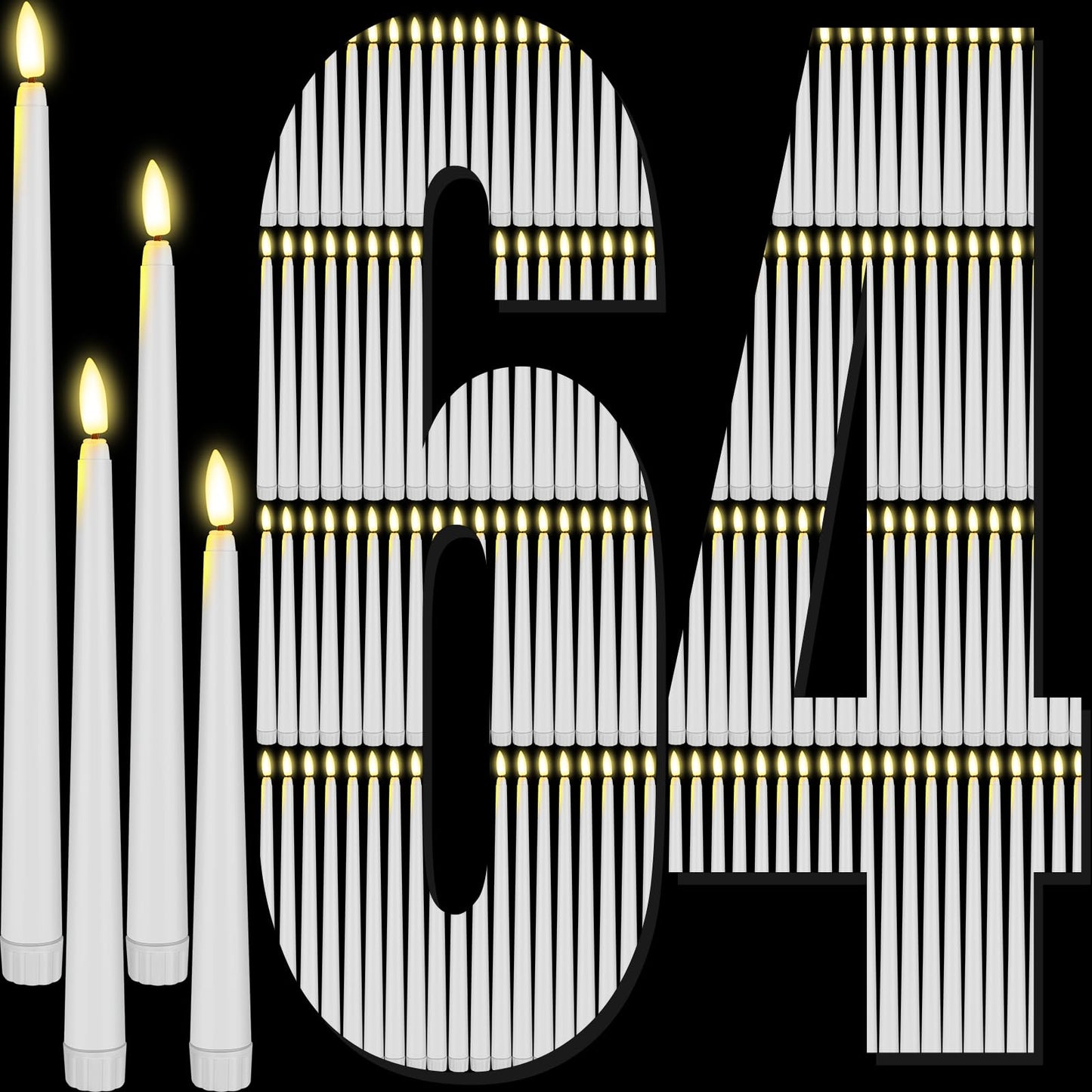 Rossesay 64 Pcs Wedding Flameless LED Taper Candles Battery Operated Candles 4 Sizes of 8.5'', 9.65'', 10.83'', 12.8'' Candlesticks Flickering for Halloween Christmas Church Wedding(White)