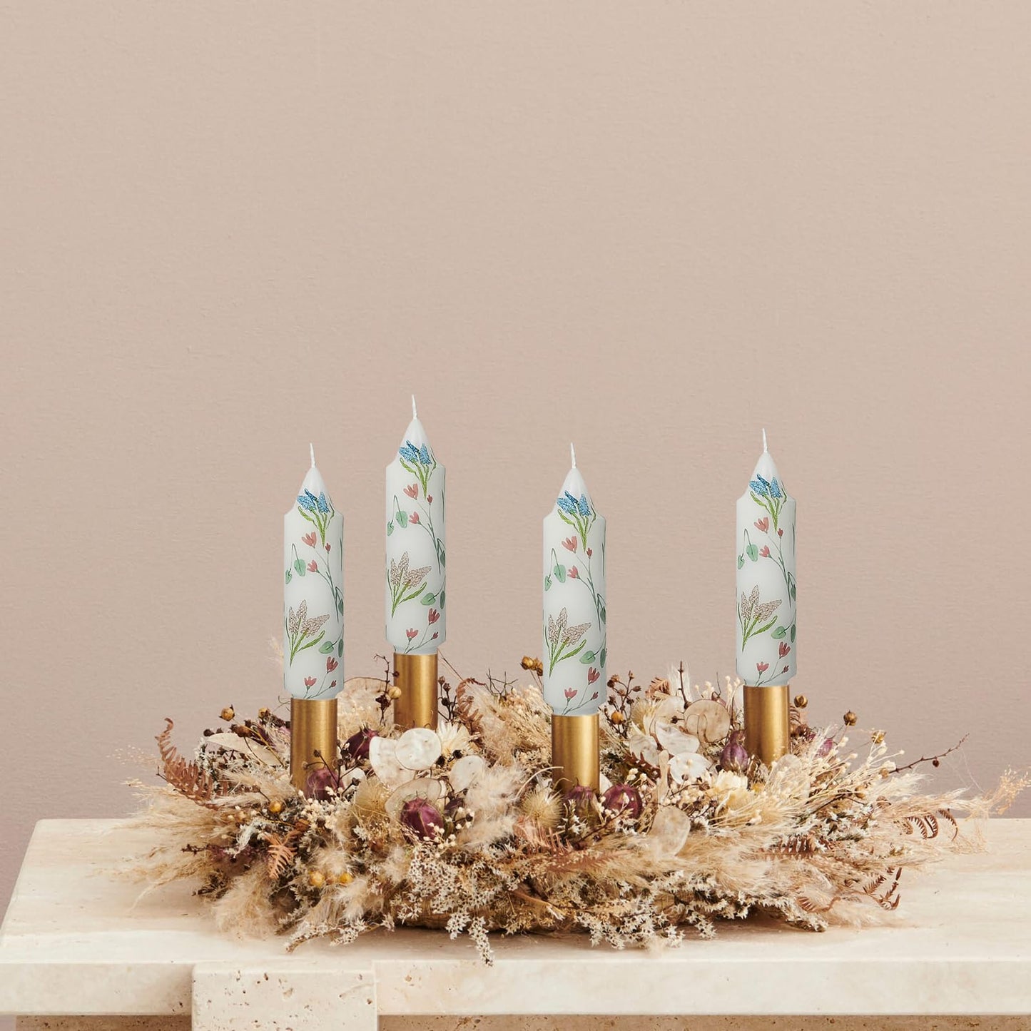 Printed Candle Sticks Elegance Taper Candle 5 Inch Short Candlesticks Hyacinth Floral Tapered Candles for Home Wedding Holiday Party Decor, Set of 4
