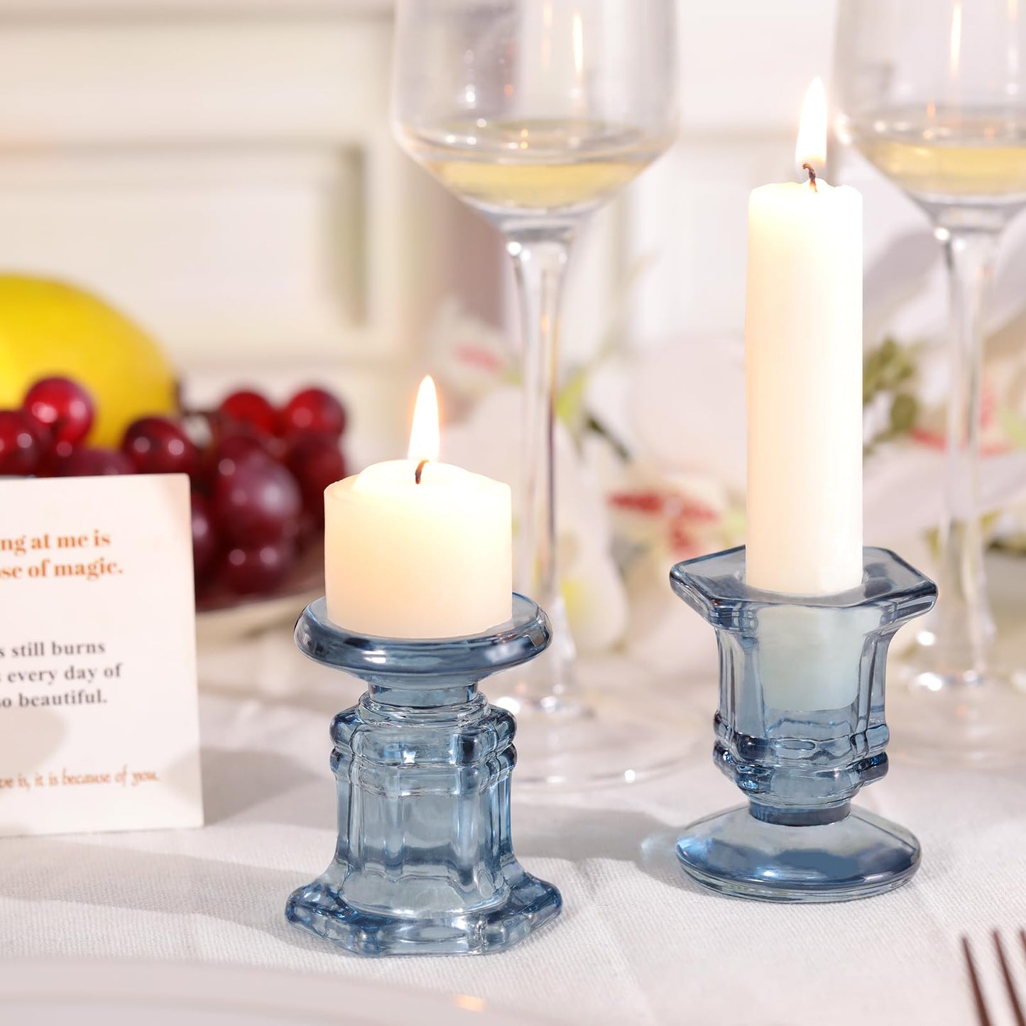 Lanttu 12 Pcs Blue Candlestick Holders Bulk, Glass Candle Holders Set,Crystal Taper Candle Holder for Wedding, Table Centerpiece, Home Decoration