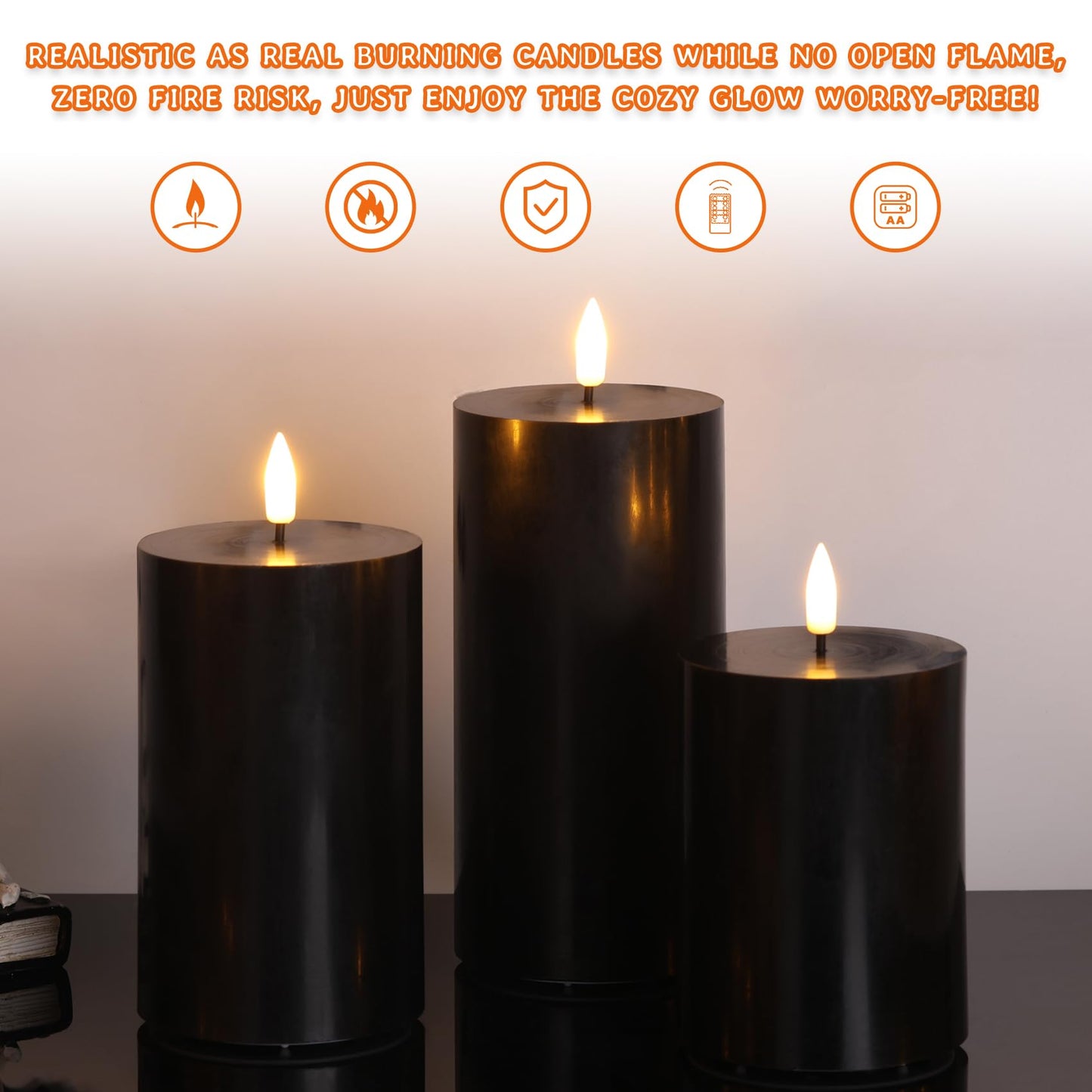 Girimax Black Flameless Pillar Candles with Remote, Flickering LED Wax Candles Battery Operated Set of 3