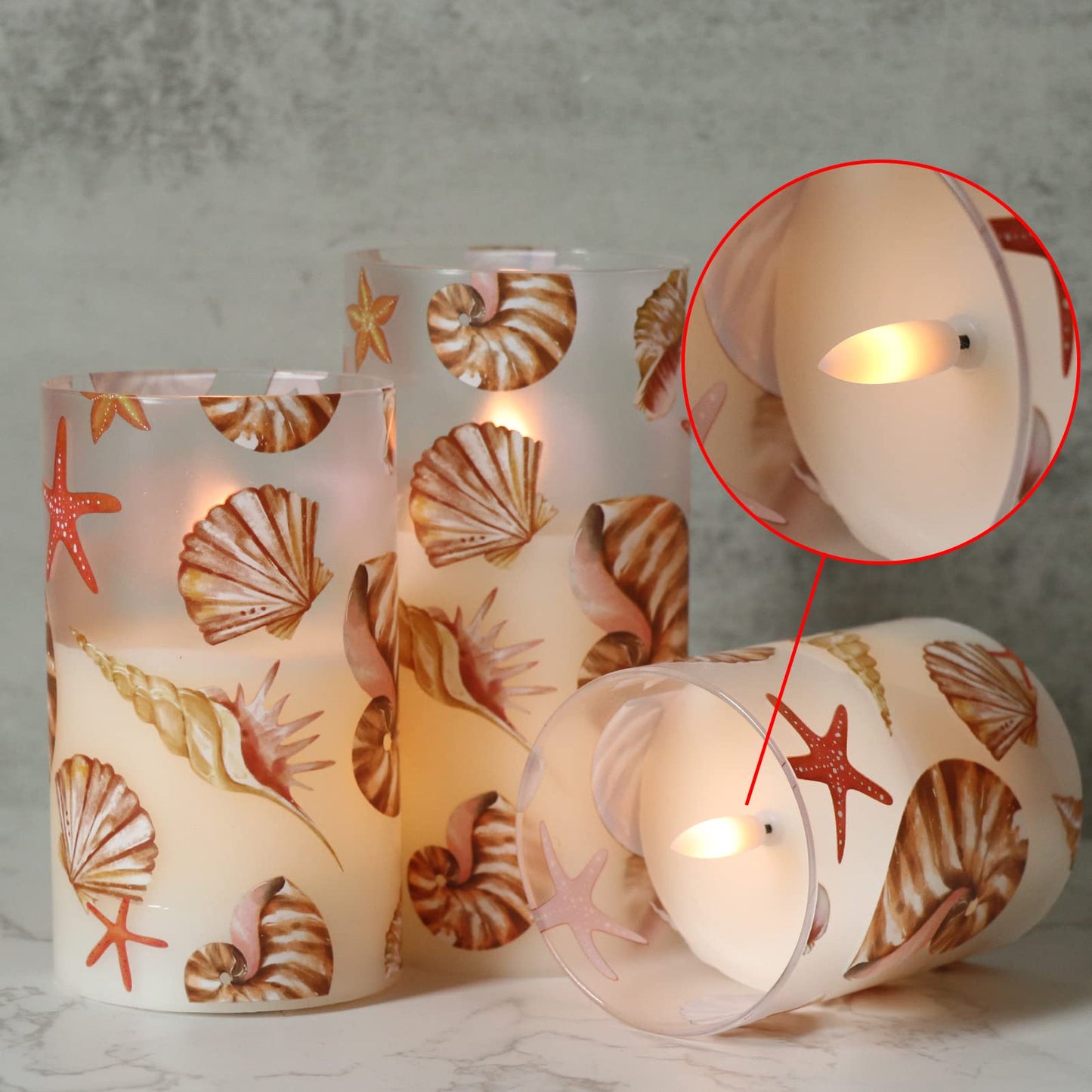 DRomance Seashell Battery Operated Flameless Flickering Candles with Remote Timer 3D Wick Flickering Glass LED Pillar Candles Dinner Christmas Holiday Decor D3 x H4, 5", 6"