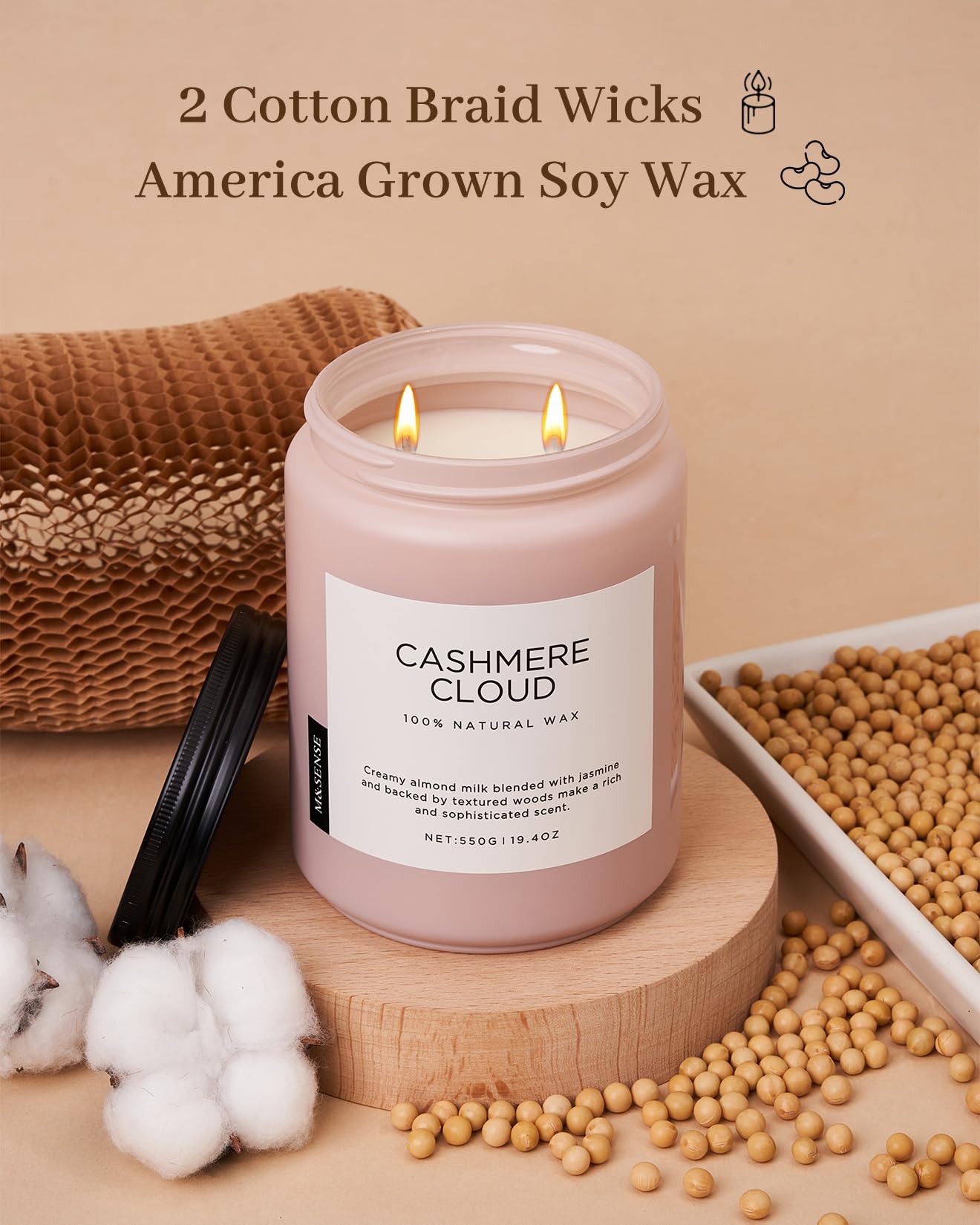 M&SENSE Cashmere Vanilla Scented Candles, Non Toxic Soy Wax 19.4oz 110 Hour Long Lasting 2 Wick, Large Candle for Bedroom Kitchen Home Decor, Housewarming Holiday Gifts for Mom Grandma Family Friends