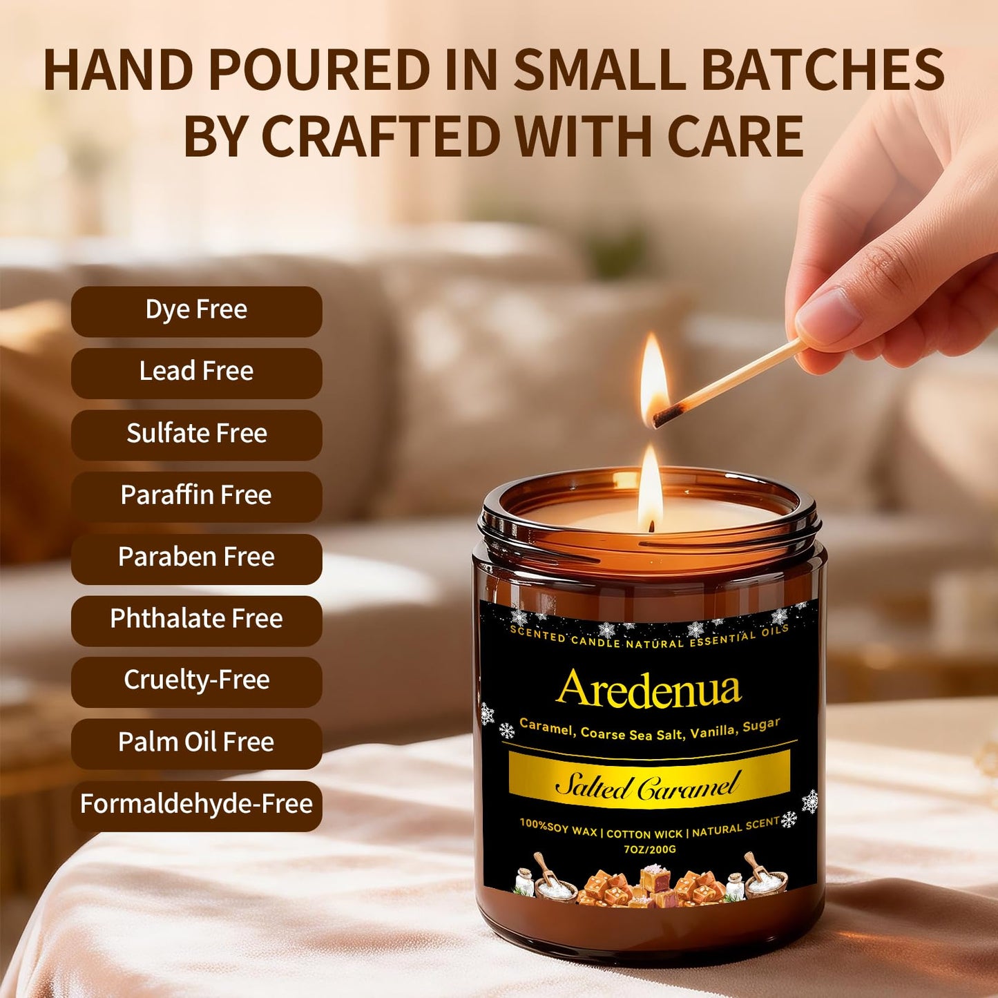 Salted Caramel Candle | Odor Eliminating Candles - 7oz Soy Candles for Home, Warm Sweet Aroma Relaxing Home Scented Candles, Aromatherapy Candle Gift for Women & Men
