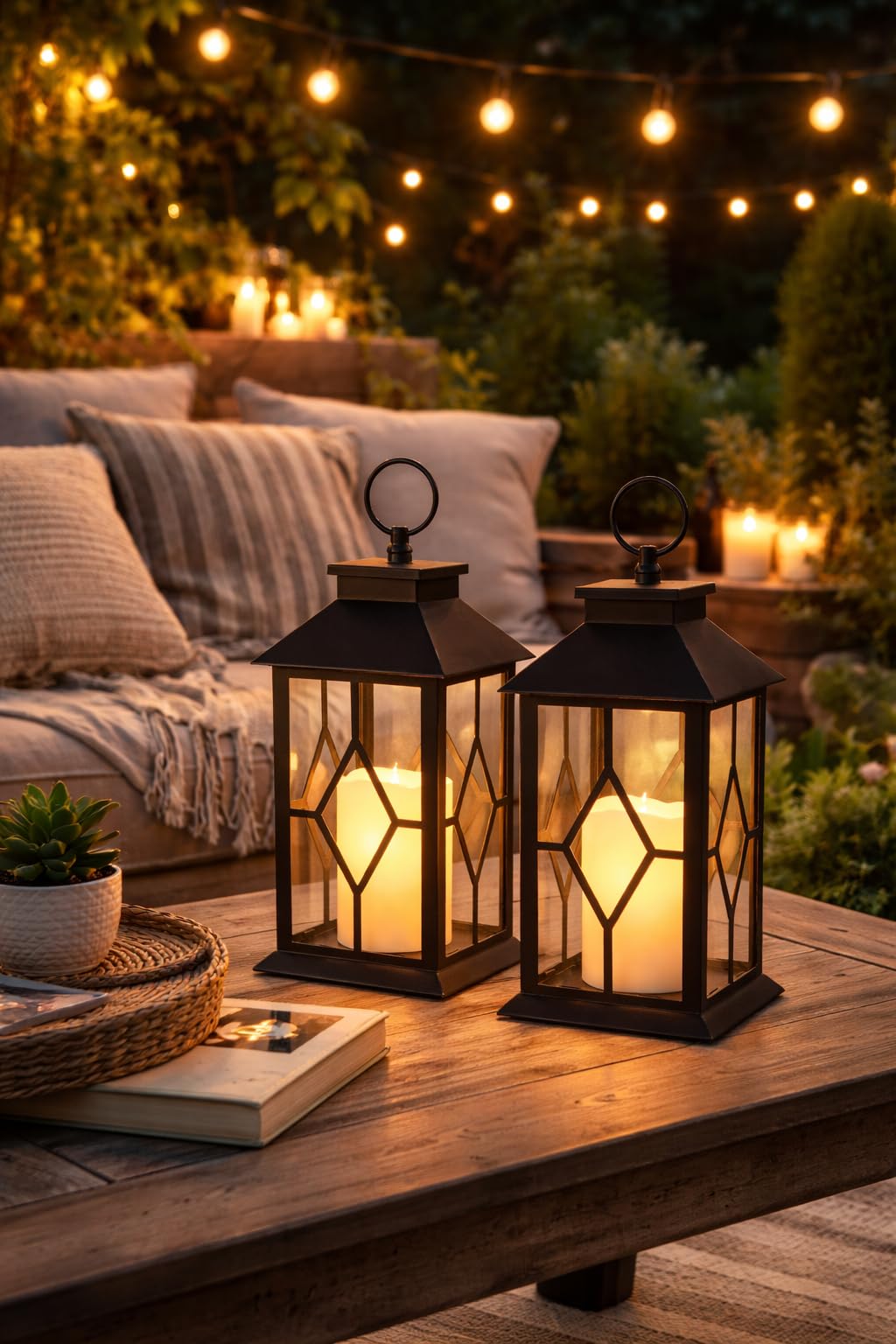 Decorative Black Lanterns Set of 2 with LED Flameless Candles, Remote & 4 Hour Timer, Indoor Outdoor Lantern Decor, Hanging or Tabletop Lighting, 13 Inch Tall