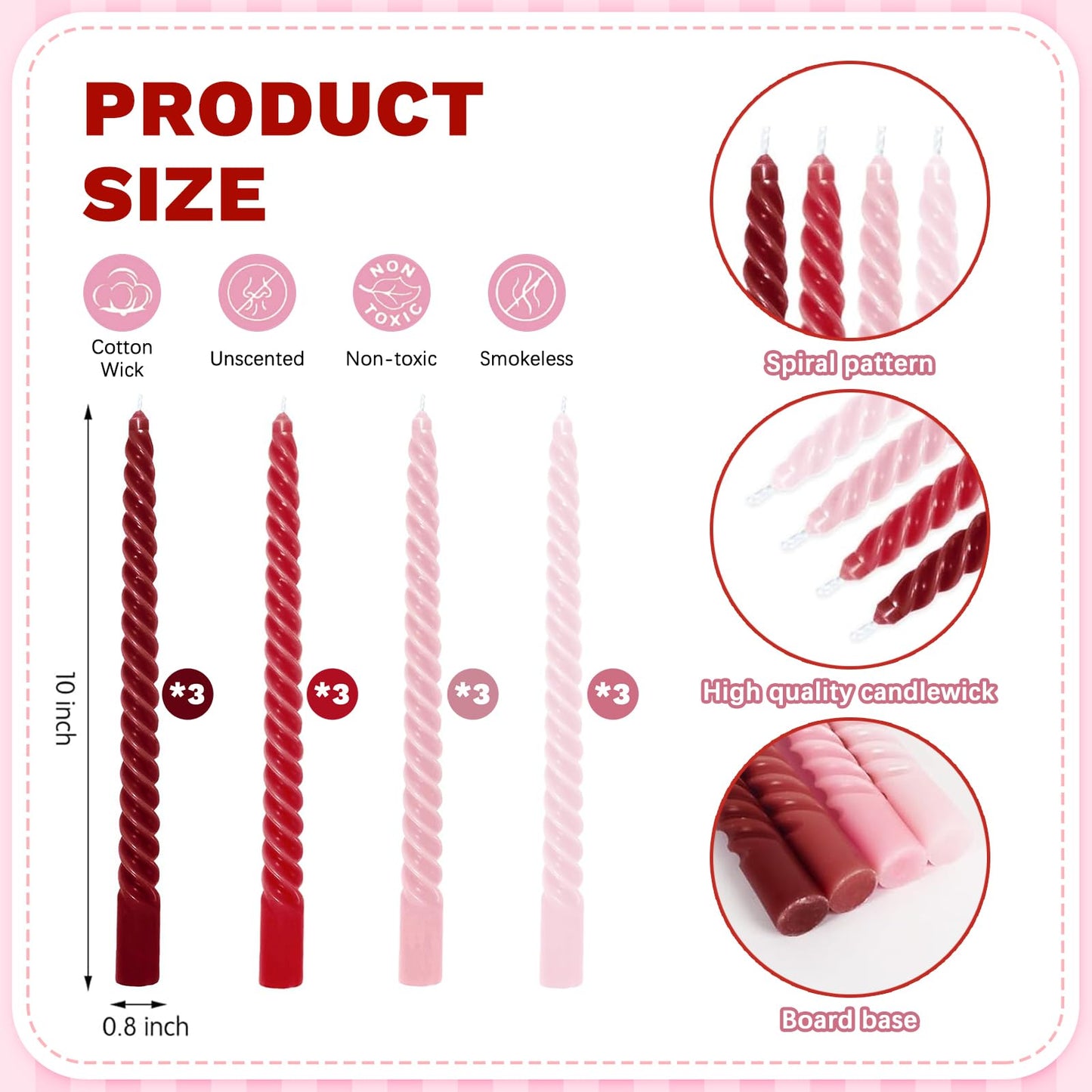 Whaline 12Pcs Gradient Red Pink Spiral Taper Candles Dripless Twisted Wax Candles 10 Inch Long Unscented Candle Sticks for Wedding Valentine's Day Holiday Party Home Dinner Table Decor