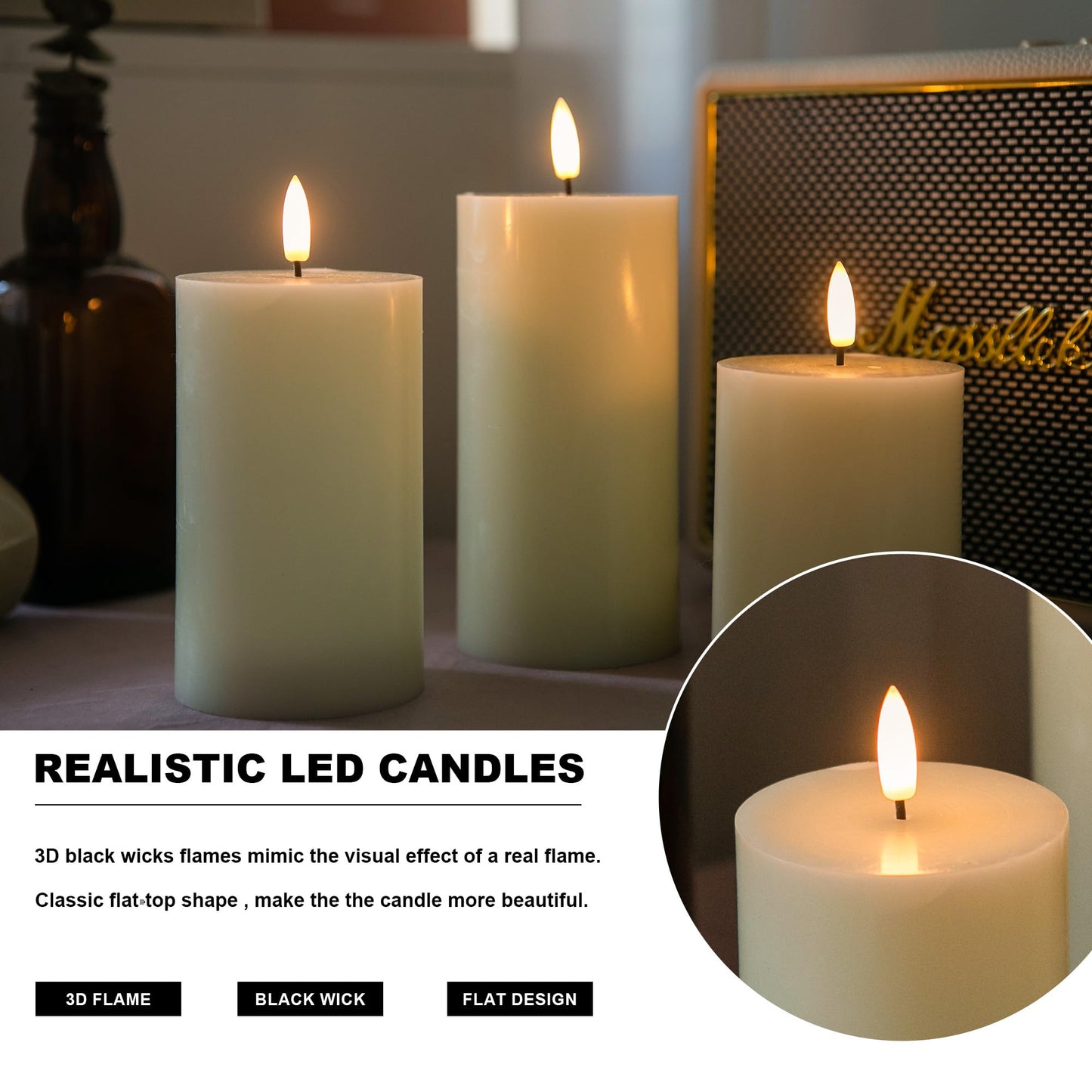 AFINETH Flickering Flameless Candles, Real Wax Battery Operated Candles with Remote, Flat Top Led Flameless Pillar Candles for Home, Wedding, Party Decor, Set of 3, Φ 3" H 4" 5" 6", Ivory