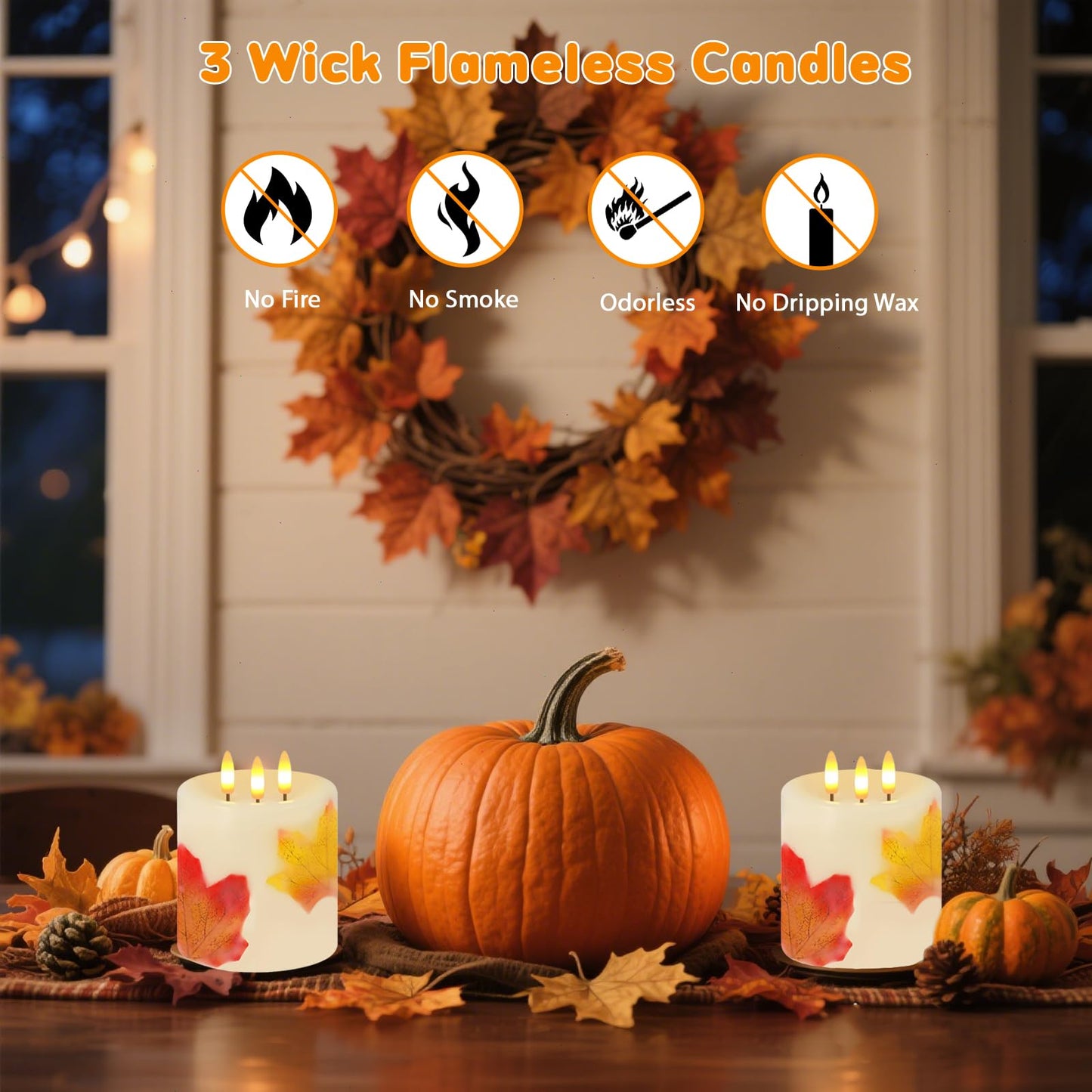 Large 3 Wick Flameless Candles Set of 2, 4"x4" Flickering Maple Leaves LED Candles with Remote & Timer, Real Wax Electric Pillar Candles Battery Operated, Fall Candles for Thanksgiving Autumn Decor