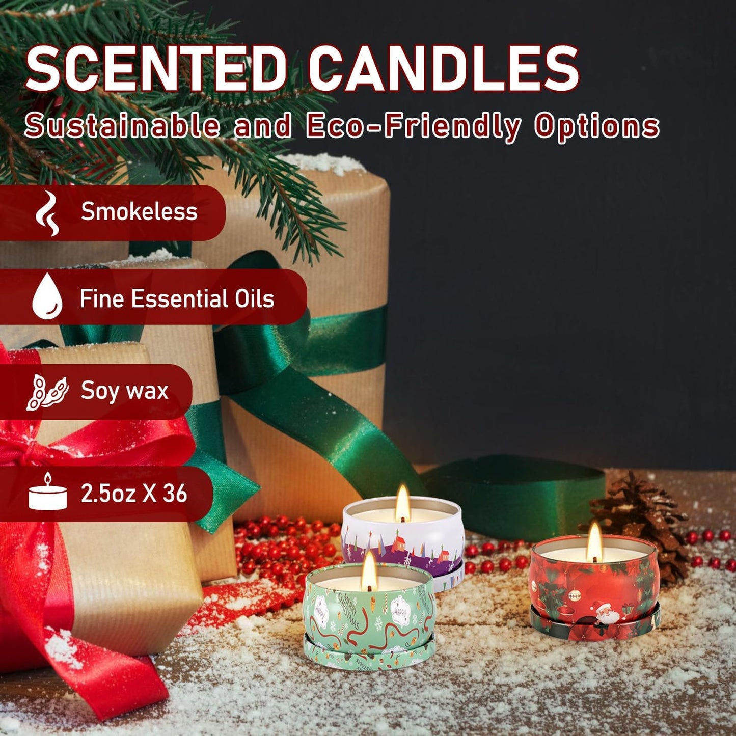 TLNFHRPI 36 Packs Christmas Scented Candles, 2.5oz Smokeless Clean Burning Soy Wax Candles for Home Decor, Festive Gifts & Holiday Ambiance
