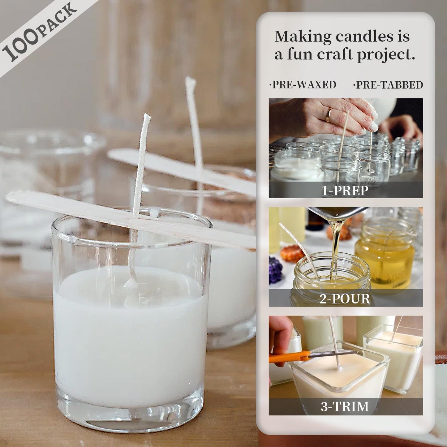 6-Inch White Cotton Candle Wicks 100-Pack - Pre-Waxed with Tabs for DIY Candle Making - Premium Candle Wick Supplies