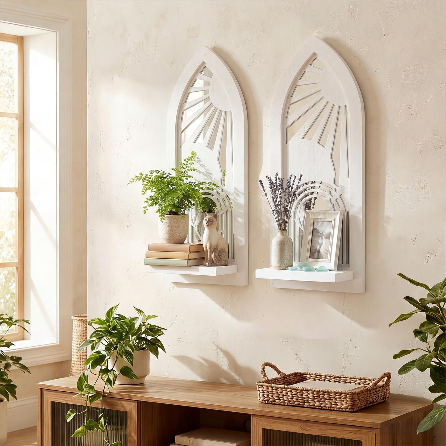 ZEXUIRU 2 Set Rustic Candle Sconces Living Room Bedroom Entryway Wood Mirrored, Farmhouse, Carved Frame Wall-Mount Wooden Candle Holders Wall Decor Hanging Handmade Holder - Distressed White