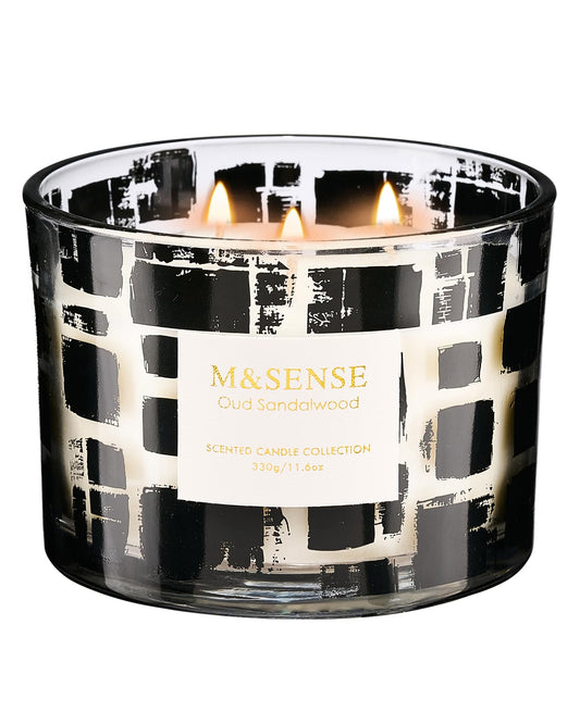 M&SENSE Oud Sandalwood Scented Candle,11.6oz Natural Soy Wax,Non Toxic for Home, 3 Wick Jar Candle, Up to 60 Hours Burn time, Home Decor,Candles for Home Scented