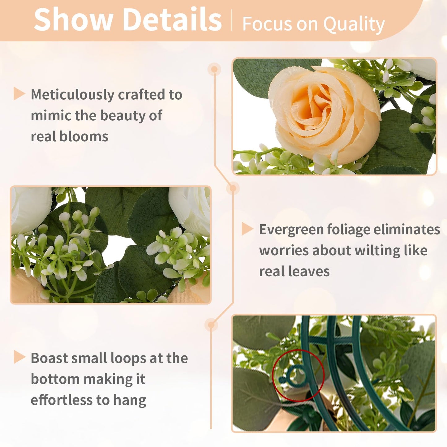 NUPTIO Flower Candle Rings Centerpieces: 13.4 Inch Champagne & White Artificial Rose Wreath for Wedding Party Christmas Decorations - Spring Summer Front Door Porch Decor 2 Pcs
