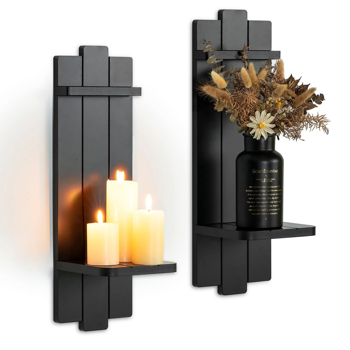Walasis Black Candle Holder Wall Decor - 19.7 Inch Large Rustic Wooden Candle Sconces Wall Shelf for Pillar Candles Vases - Gothic Decoration for Halloween Bathroom Living Room