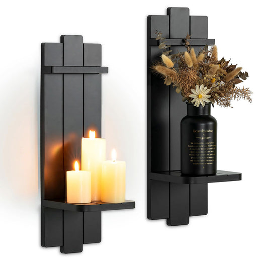 Walasis Black Candle Holder Wall Decor - 19.7 Inch Large Rustic Wooden Candle Sconces Wall Shelf for Pillar Candles Vases - Gothic Decoration for Halloween Bathroom Living Room
