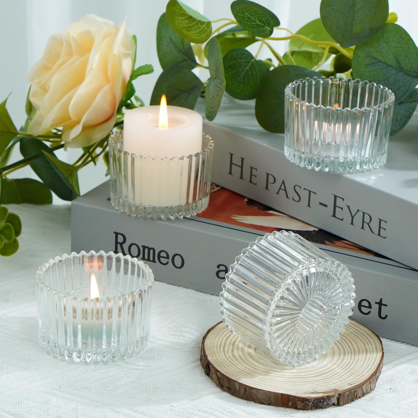 Jollyhilan 6 Pack Glass Candle Holder,Round Glass Candle Tray Ribbed Tealight Holders for Votives, Floating Candles Table Centerpieces Wedding Home Decor,Clear