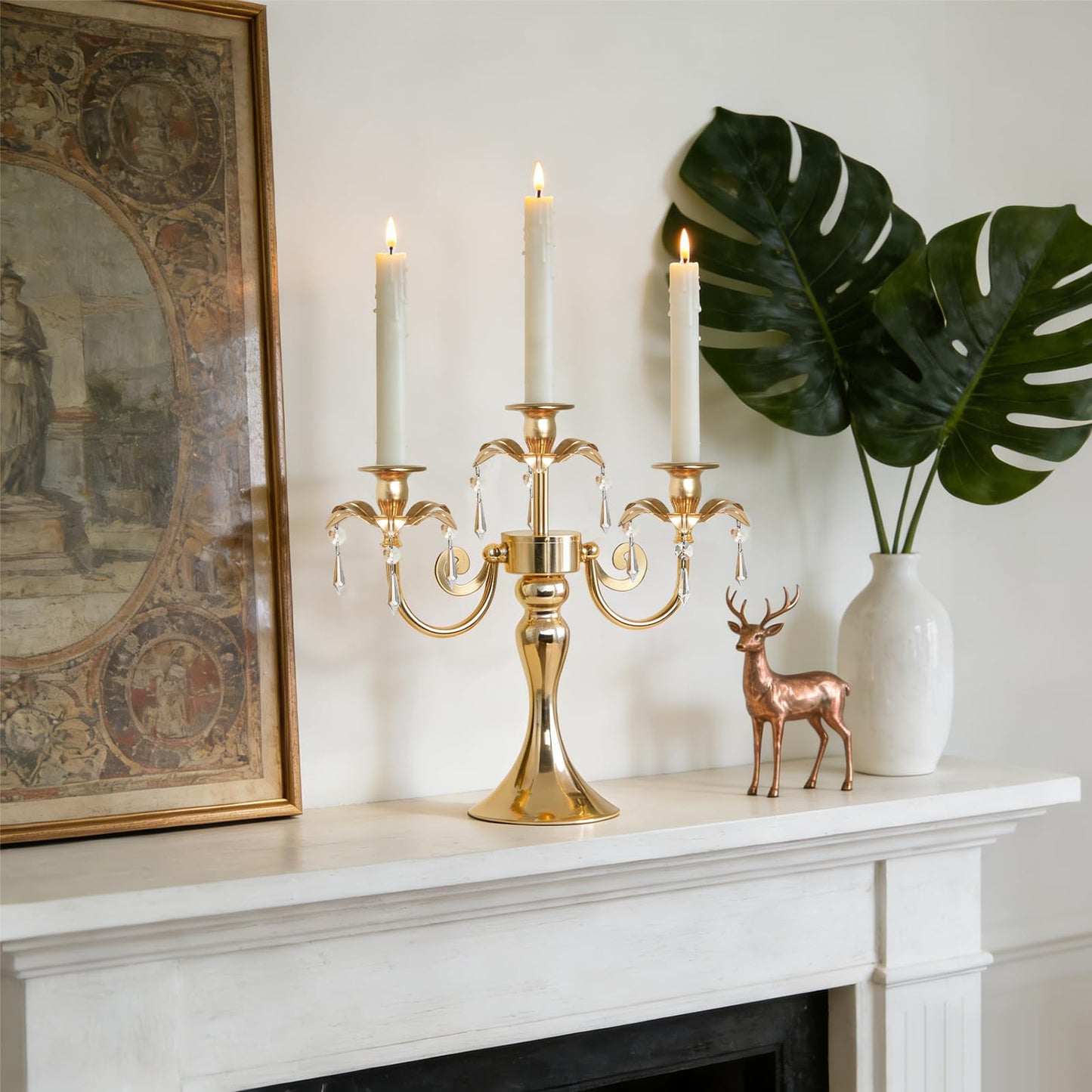 KEHAIL Metal 3 Arm Gold Candelabra with Crystal Pendants - 11.8 Inch Tall Candle Holders, Set of 6 - Elegant Taper Candlestick Stand for Wedding, Dining Table, Party Home Decoration