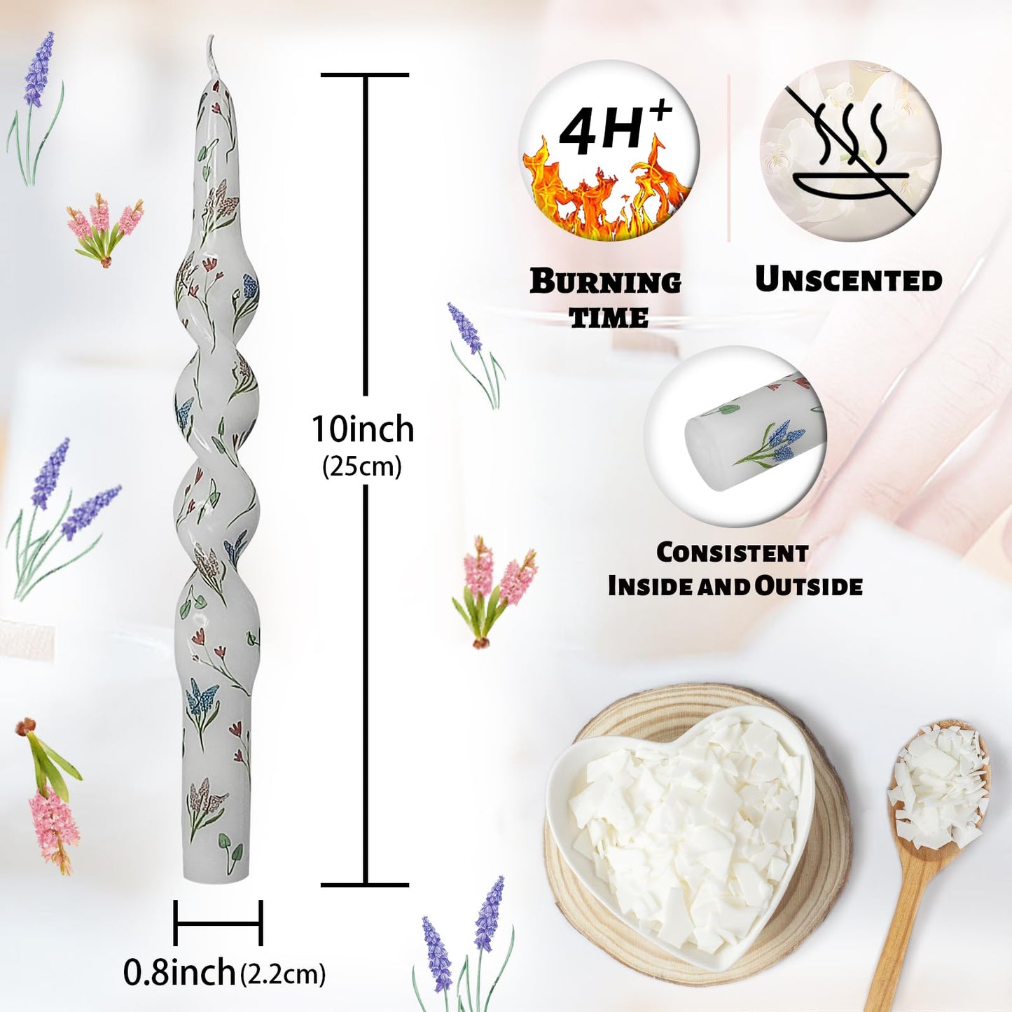 Unscented Floral Taper Candle Spiral Candlesticks - Set of 4 Trefoil Handmade Twisted Candle 10 Inch Long Candle Sticks Print Tapered Candles for Home Wedding Dinner