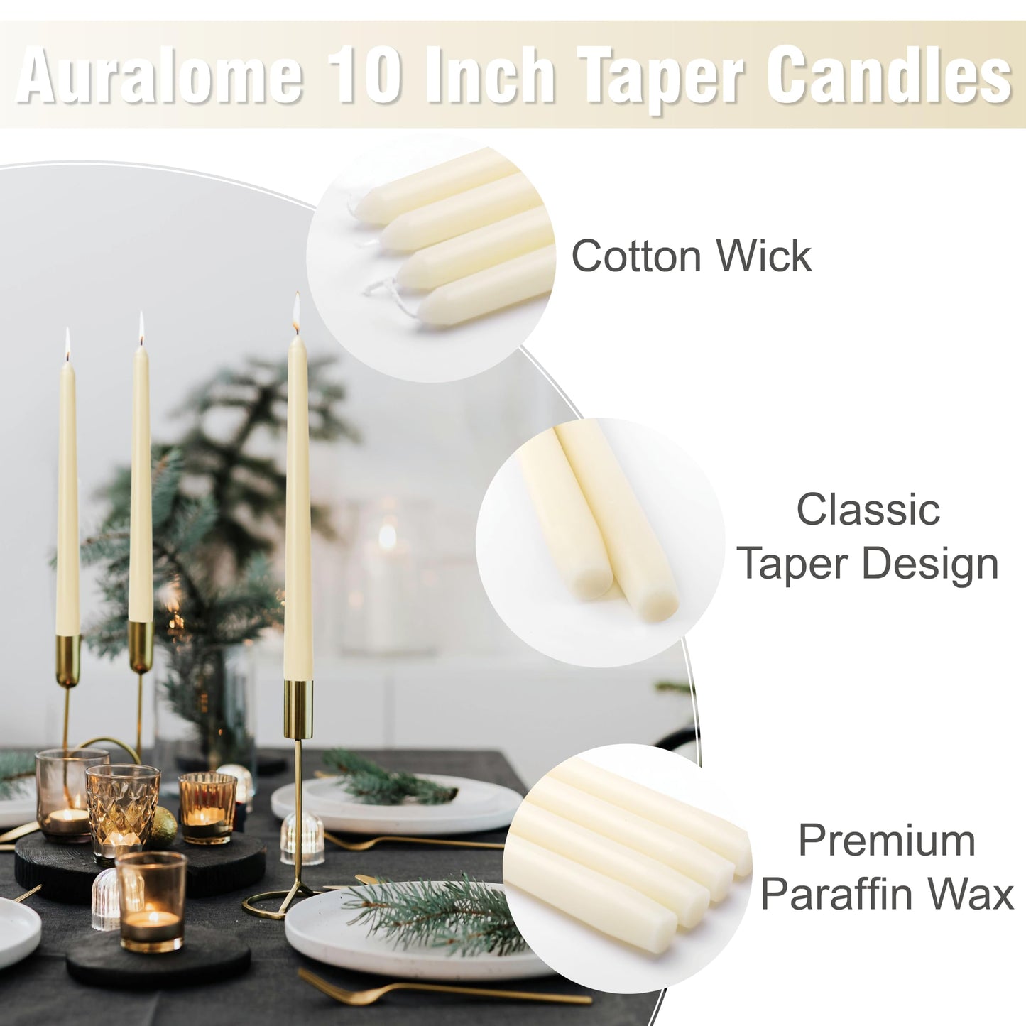 Auralome 10-Inch Ivory Taper Candles - Dripless Smokeless Tapered Candle Cream Unscented Candlesticks Paraffin Wax Long Slow Burning Tall Candle Sticks for Dinner Business Wedding Restaurants 12 Pack