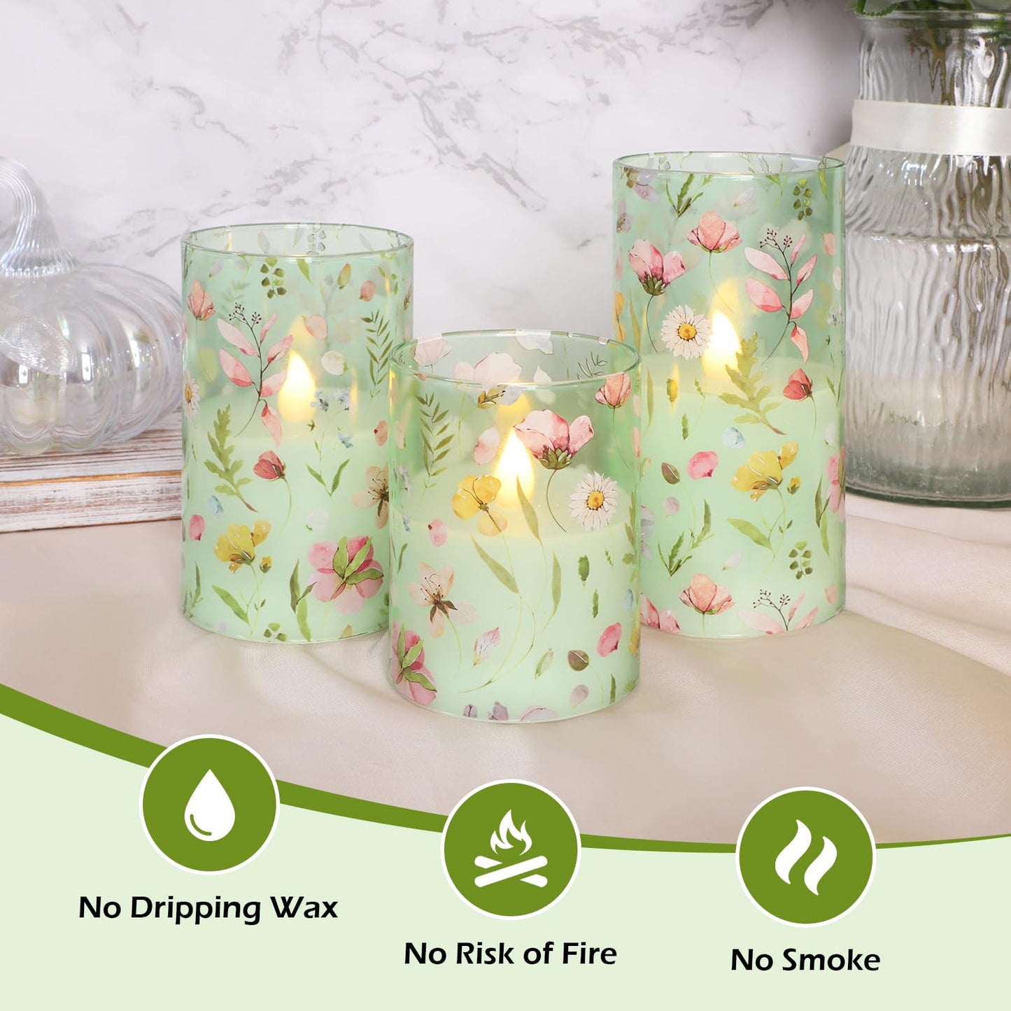 Impress Life Spring Decor Flameless Candles with Remote, 3PC Battery Operated Real Wax LED Candle, Pink Floral Decals with Flickering 3D Wick for Home Centerpiece