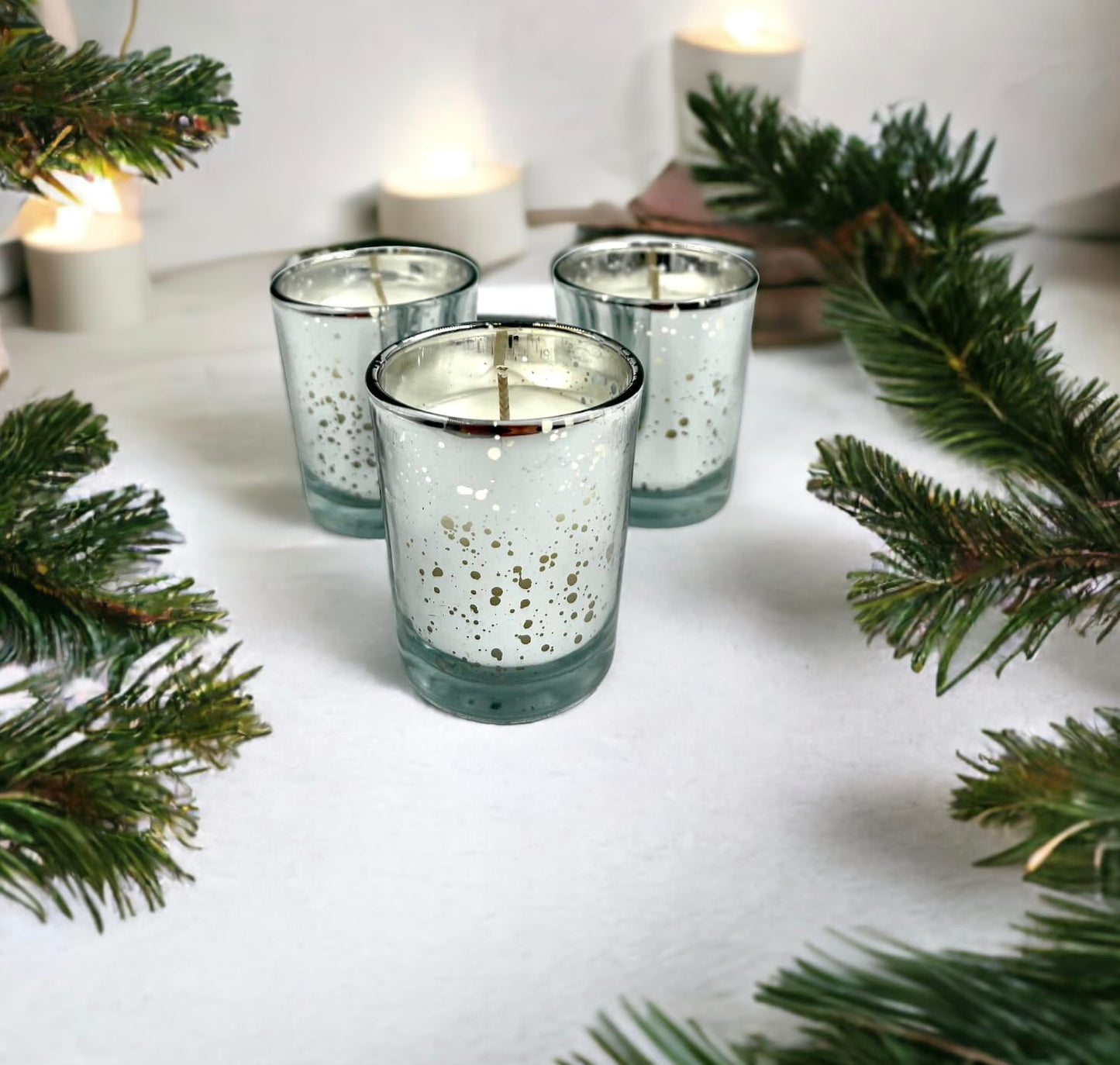 Mister Candle Unscented Silver Mercury Glass Votive Candles, 2" Filled Candle Jars for Centerpieces, Wedding Décor, Events, Home & Party Ambiance, Set of 12