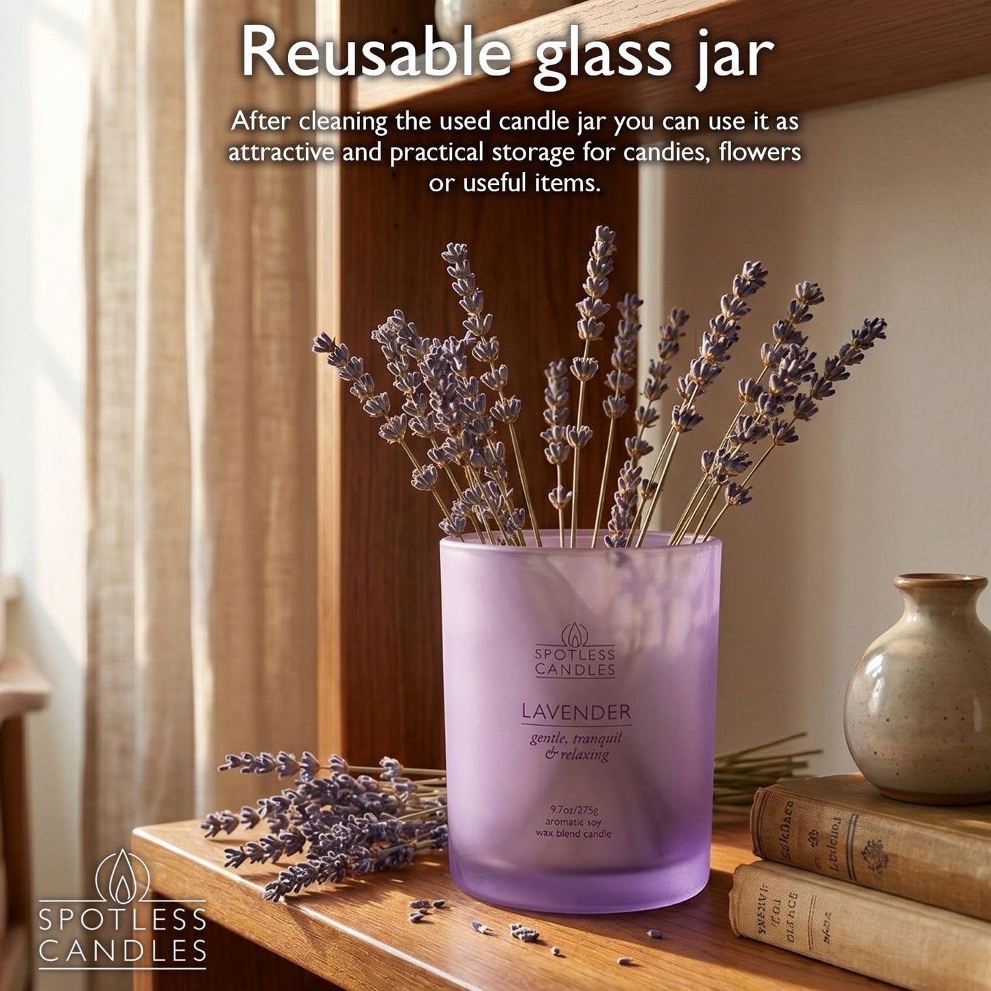 Lavender Candle; 9.7 oz:, 55 Hrs Burn Time, Soy Wax Purple Frosted Jar with Crackling Wooden Wick & Luxury Gift Box: Lavender Scented Candle by Spotless Candles