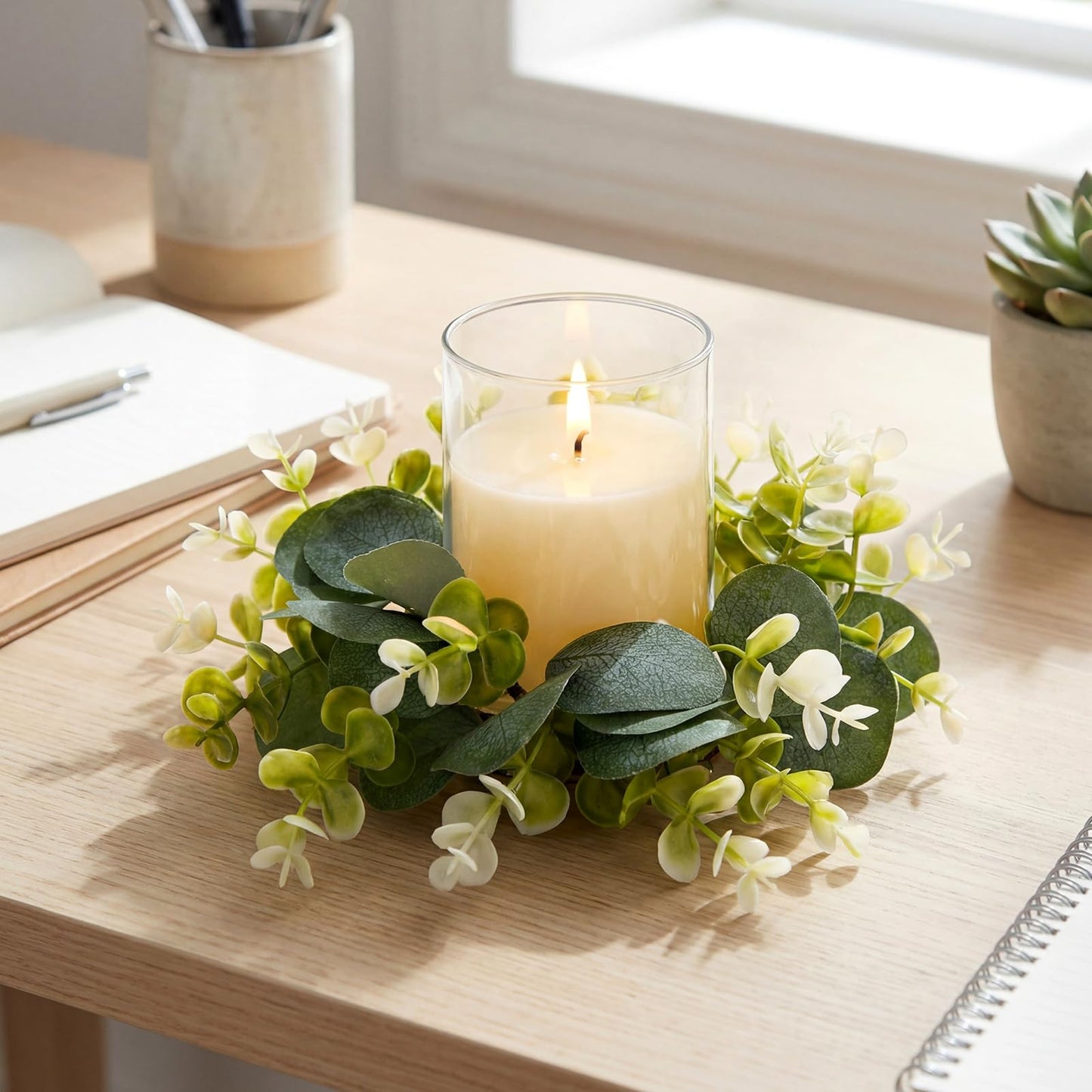 Yunlly 4 Pcs Candle Wreaths Rings Artificial Eucalyptus Wreaths Candle Holder Rings with LED Flameless Candles, 9.5" Wide for Wedding Windows Table Centerpieces, Green and White