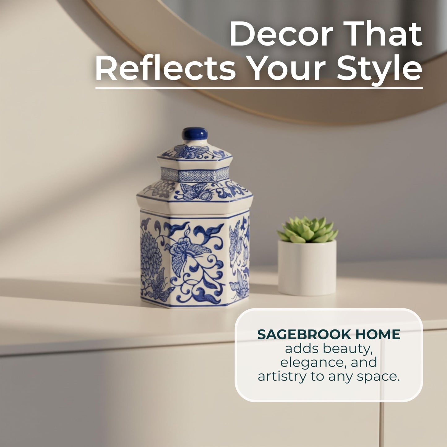 Sandalwood Scented Candle with Lid for Men and Women - Ceramic Chinoiserie Candle with Lid for Living Room, Bedroom, and Bathroom - Decorative Accent for Indoor and Outdoor - 7", Blue & White