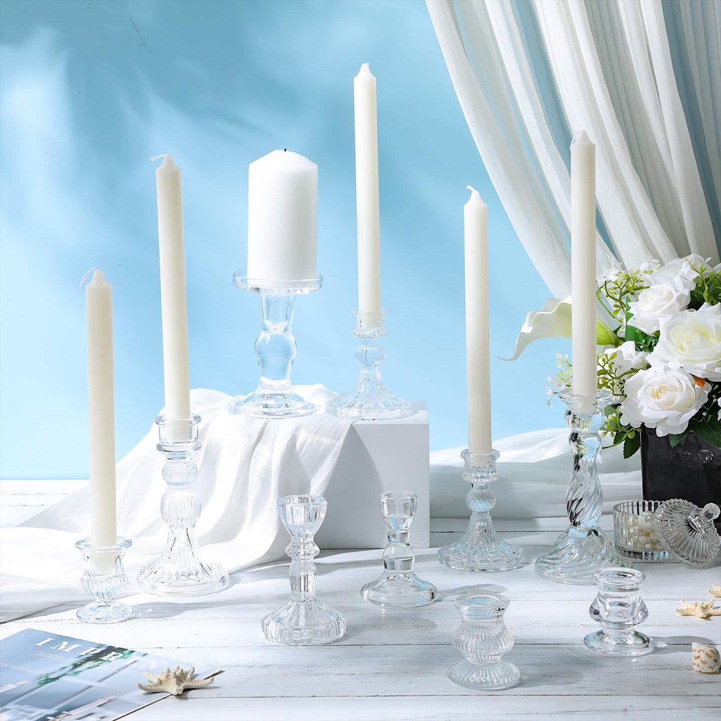 Mumufy 20 Sets Glass Crystal Taper Candle Holders Stand Centerpiece Bulk with 10 in Taper Candles Sticks Clear Decorations Table Wedding Dining Party (Transparent)