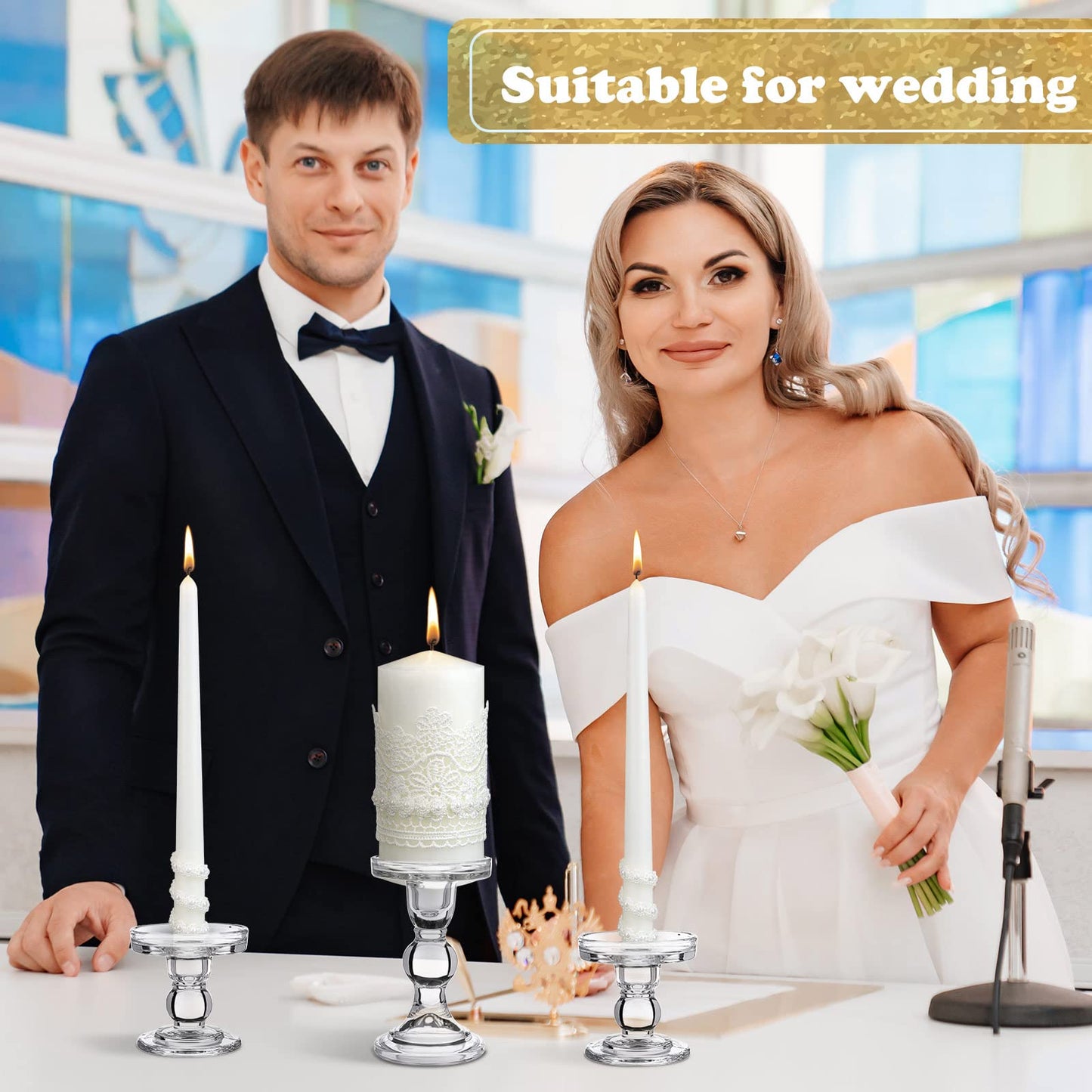 Irenare Unity Candles with Holder for Wedding Ceremony Wedding Decortions Accessories Glass Candle Holder Pillar Candle for Formal Events Church(Classic Style)