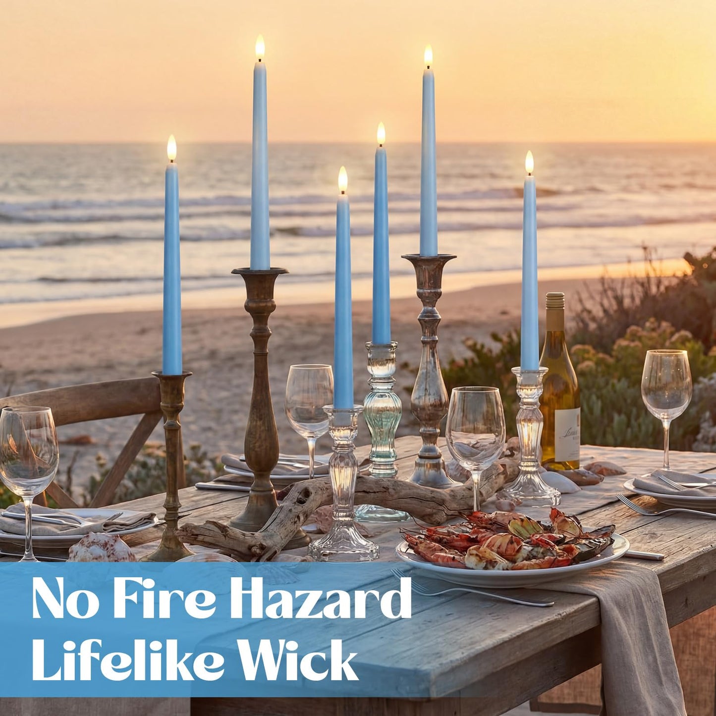 Macarrie 24 Packs Flameless Taper Candles Battery Operated Fake 11 Inch Long Candlelight LED Flameless Candlesticks Flickering Tapered for Summer Fall Wedding(Mixed Blue)