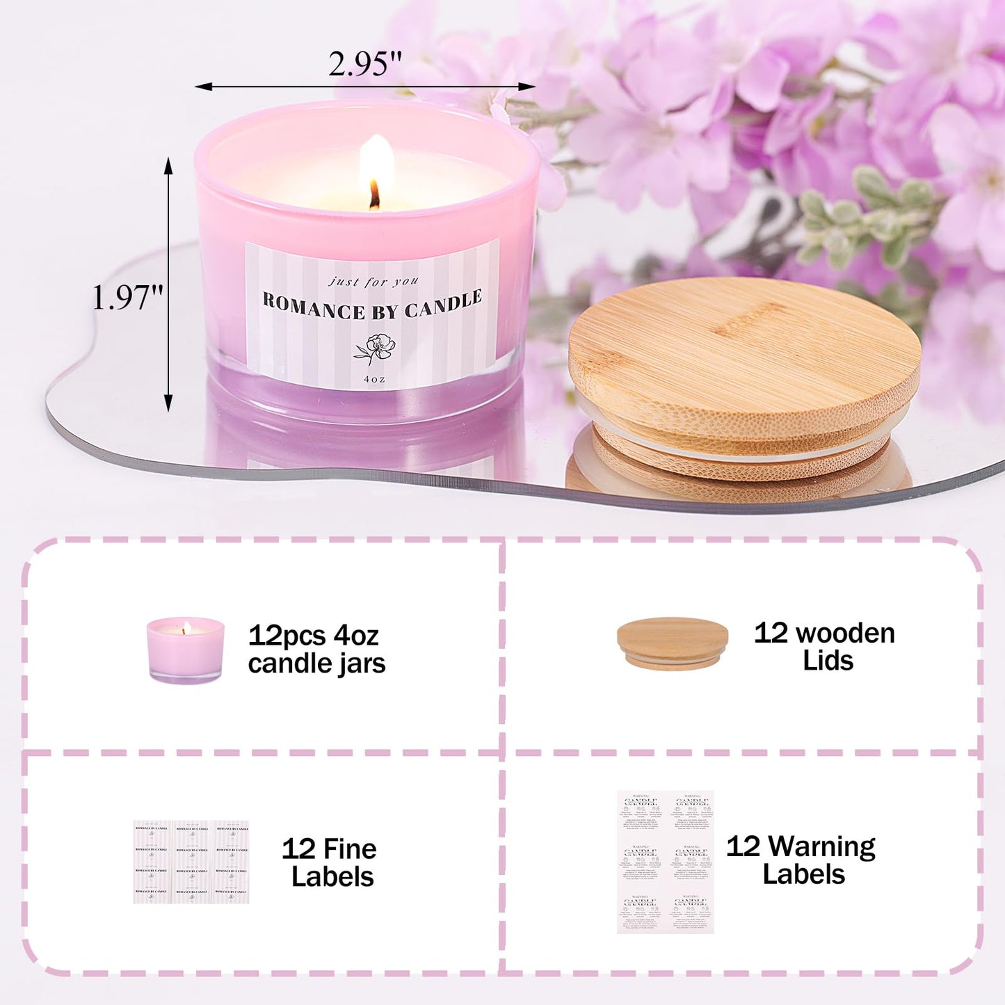 REISEN 12 PCS Purple Candle Jars for Making Candles, 4 OZ Glass Jars with Bamboo Lids and Sticky Warning Labels, Candle Containers for DIY Gifts, Candle Making Supplies