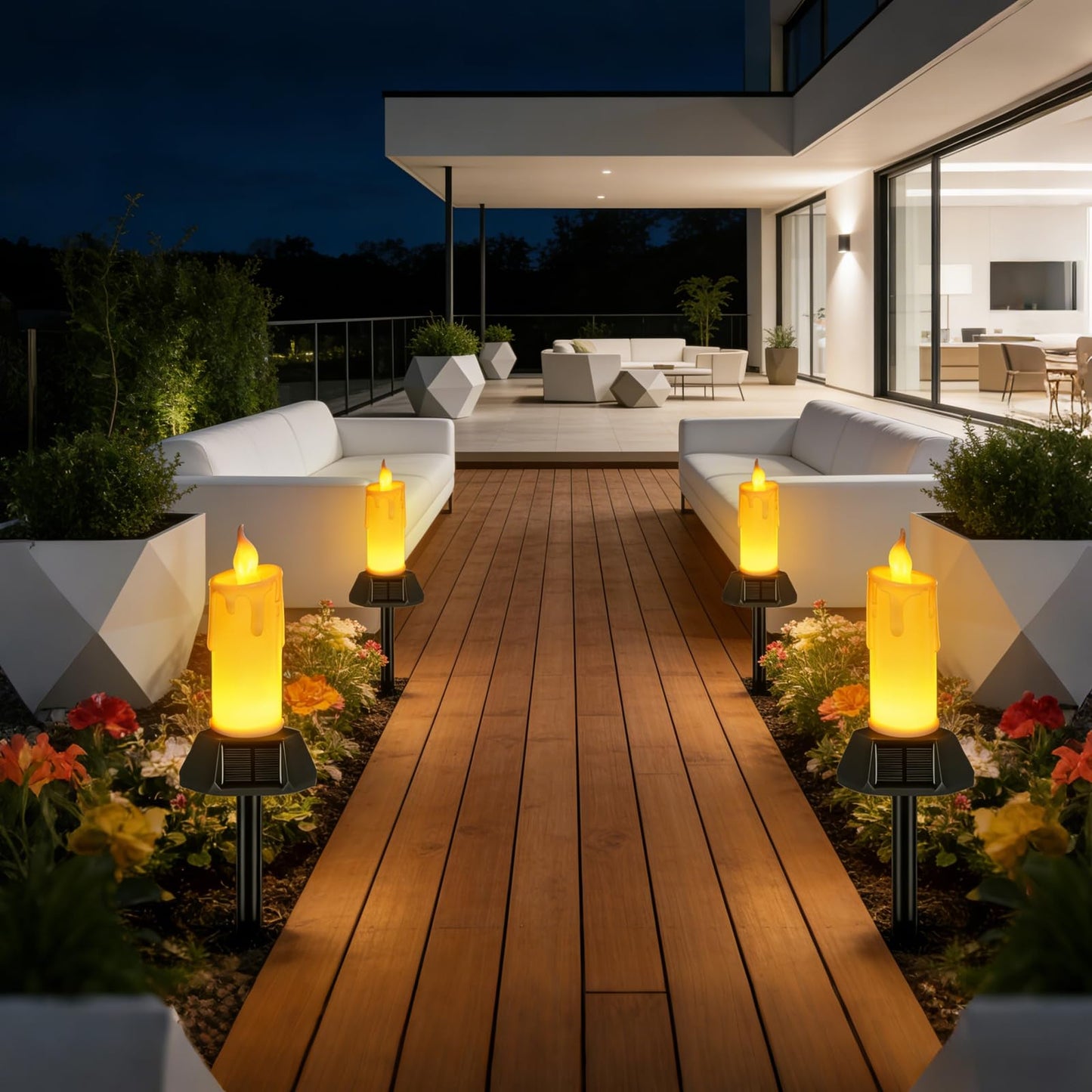Solar Flameless Candles Outdoor Waterproof, Patented Dual-LED Flickering Flame 7" Dripping Wax Pillar with Detachable Stake, 3-Sided Solar Base for Patio, Cemetery (4 Pack)
