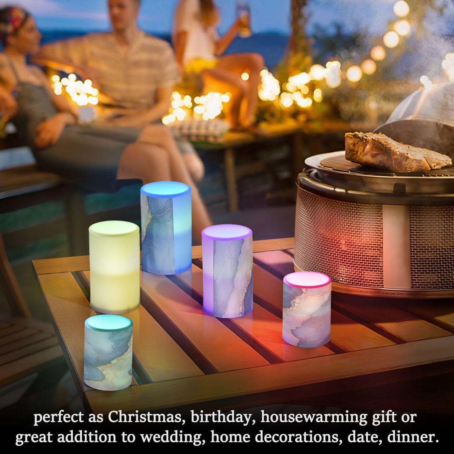 Flameless Pillar Candles Battery Operated Led Flameless Candles for Decorations Marble Navy Blue Beige