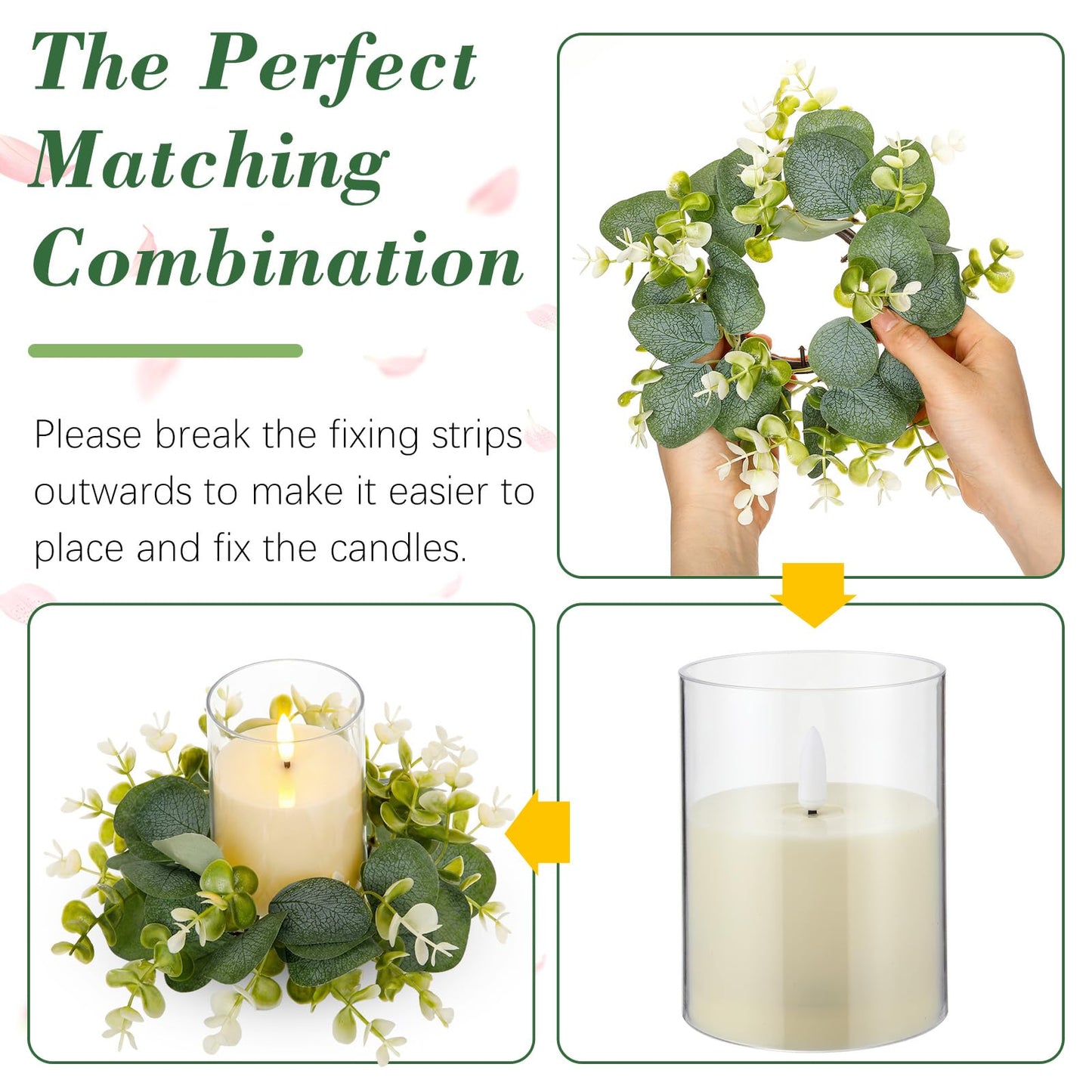 Yunlly 4 Pcs Candle Wreaths Rings Artificial Eucalyptus Wreaths Candle Holder Rings with LED Flameless Candles, 9.5" Wide for Wedding Windows Table Centerpieces, Green and White