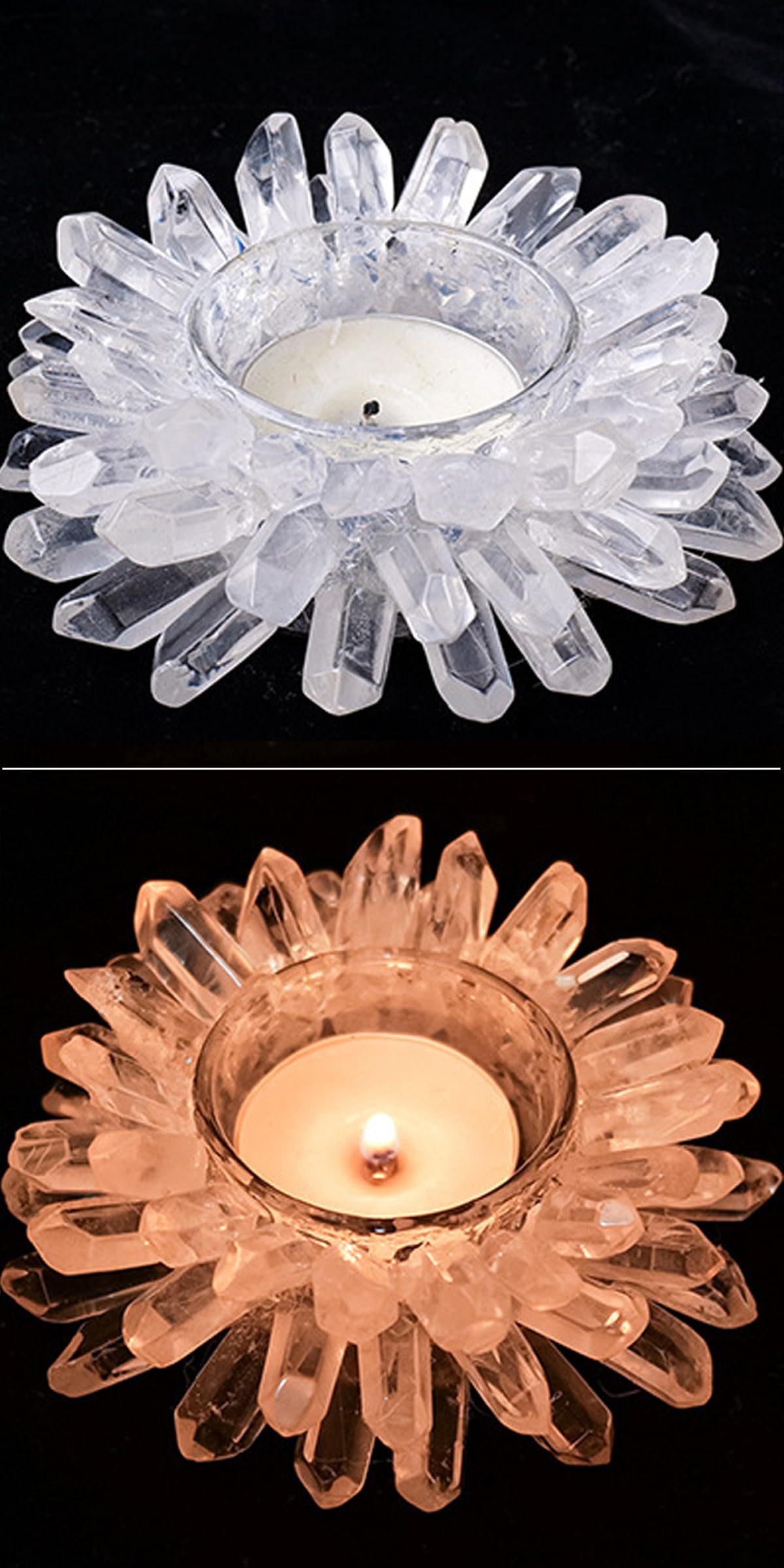 Natural Clear Quartz Crystal, Crystal Quartz Tealight Candle Holder Crystal Stone Candle Stand High Energy Geode Votive with Healing Effects (Not Included Candle)