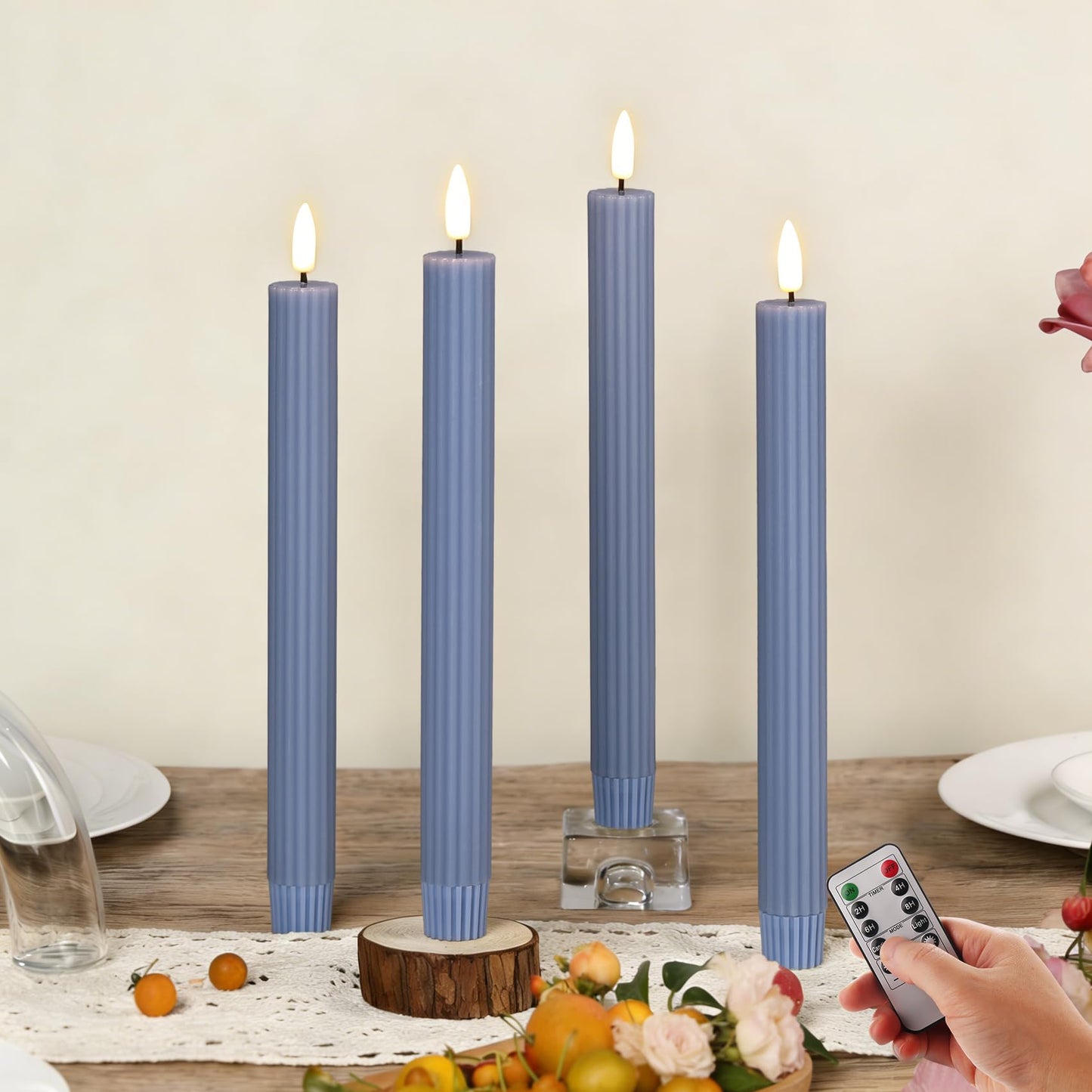 Girimax Dusty Blue Ribbed Fluted Flameless Taper Candles with Remote, Flickering Battery LED Wax Candlesticks Wedding Home Decor Set of 4
