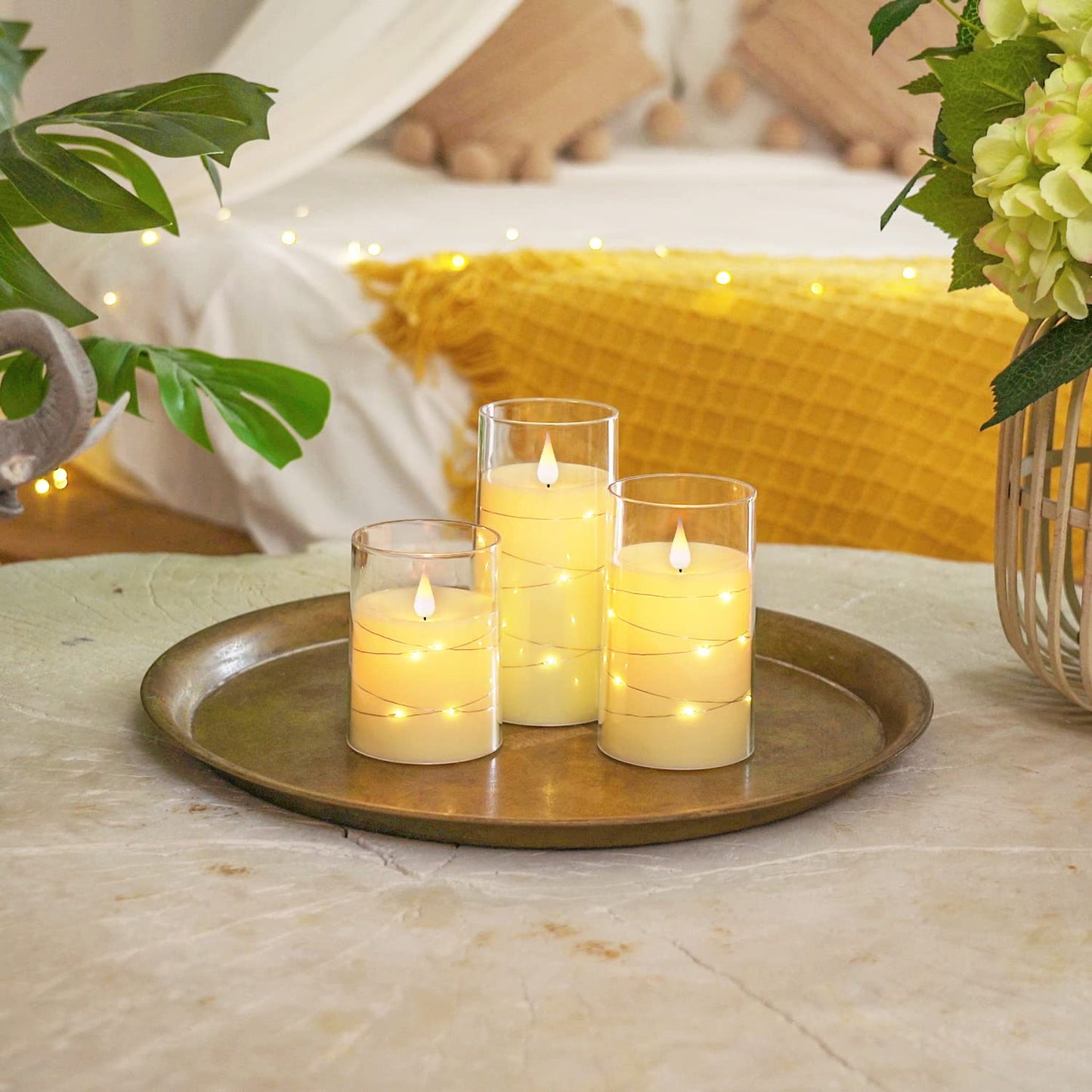 Homemory Flickering Flameless Candles with String Lights, Battery Operated Candles, Embedded String Lights LED Candles, Unbreakable Plexiglass Candle with Remote, Set of 3, Ivory White