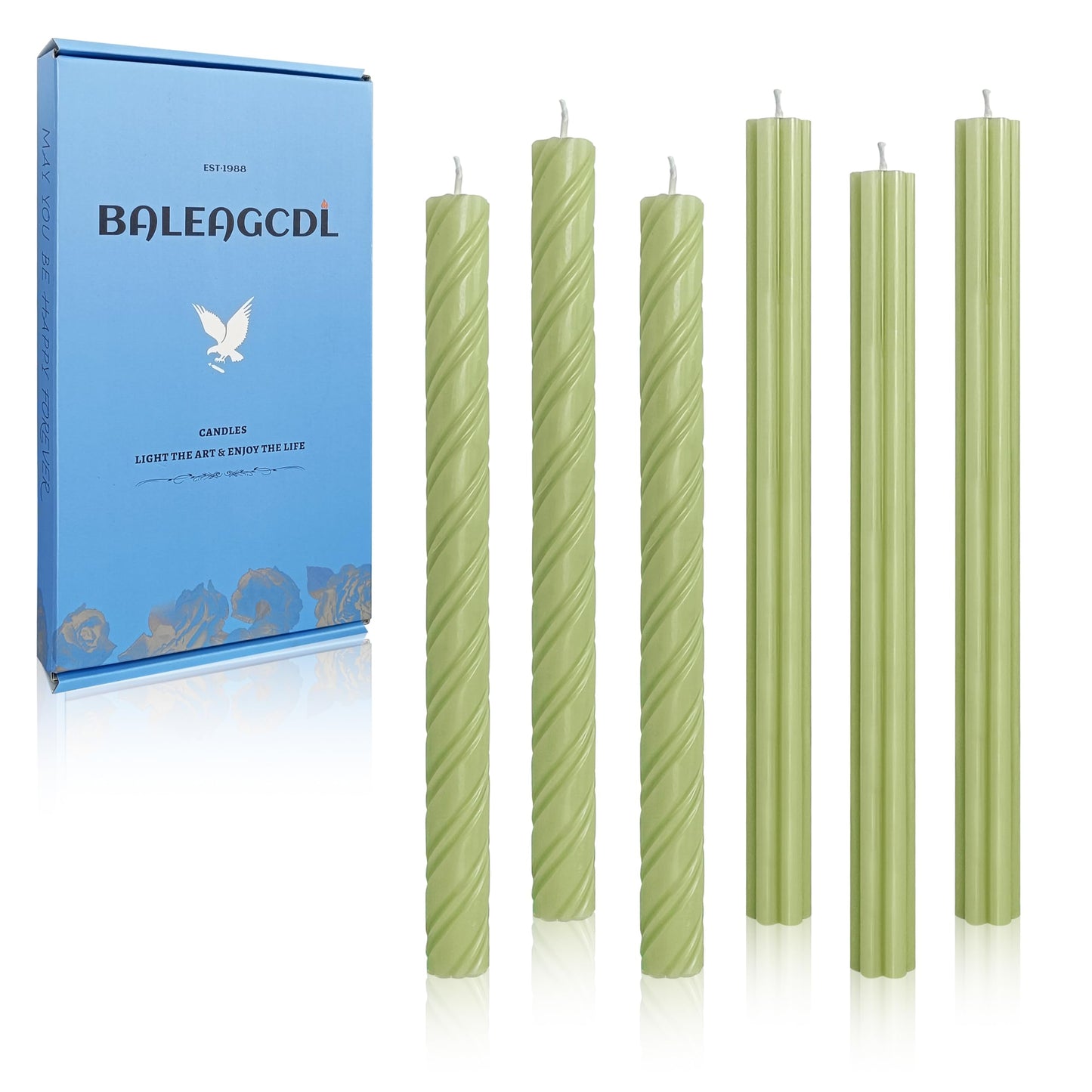 Dripless Unscented Grass Green Spiral Taper Candles Smokeless Long Lasting Burn 10 Inch Roman Column Candlesticks for Home Décor,Set of 6