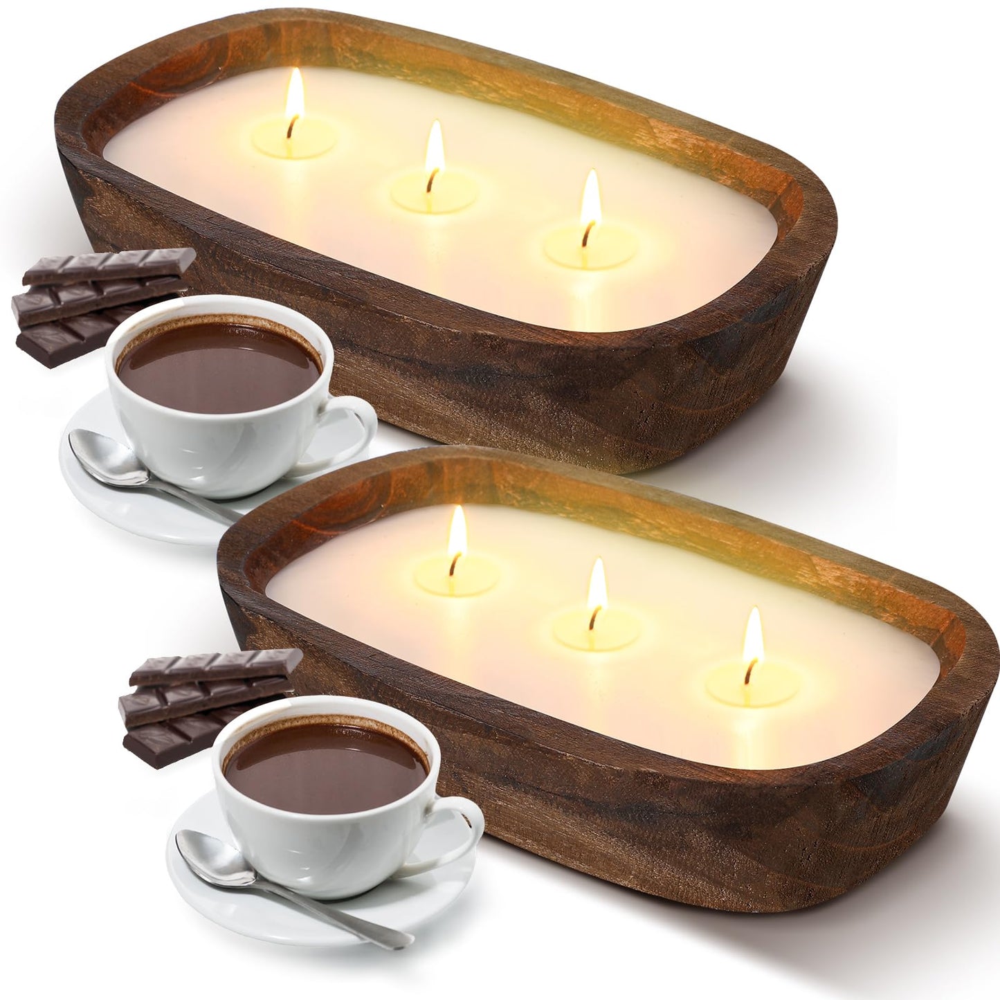 Threlaco 2 Pack Wood Dough Bowl Candle Jar Candle Decorative with Wick Scented Candles Soy Gifts for Men Women Farmhouse Table Centerpiece Home(Hot Cocoa)