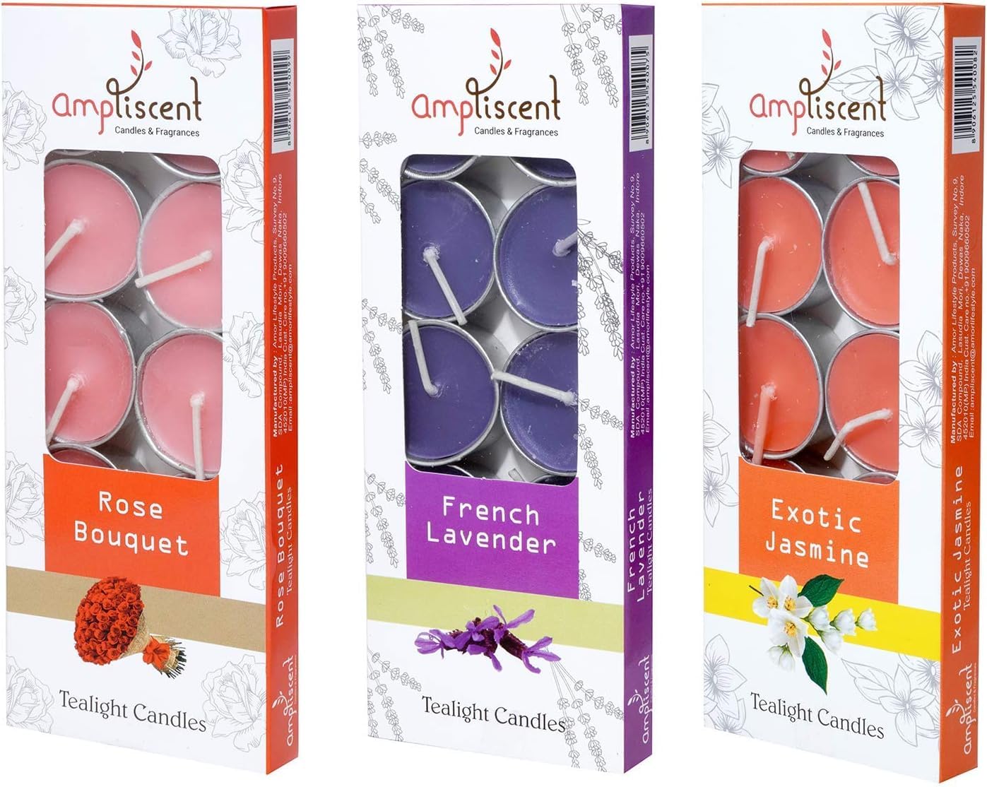 Ampliscent TeaLights Candles I Rose + French Lavender + Jasmine I Pack of 3-30 Premium Tealights I Long-Lasting Aroma | Scented Wax Tealights for Home Decor, Meditation, Christmas & Holiday Gifts